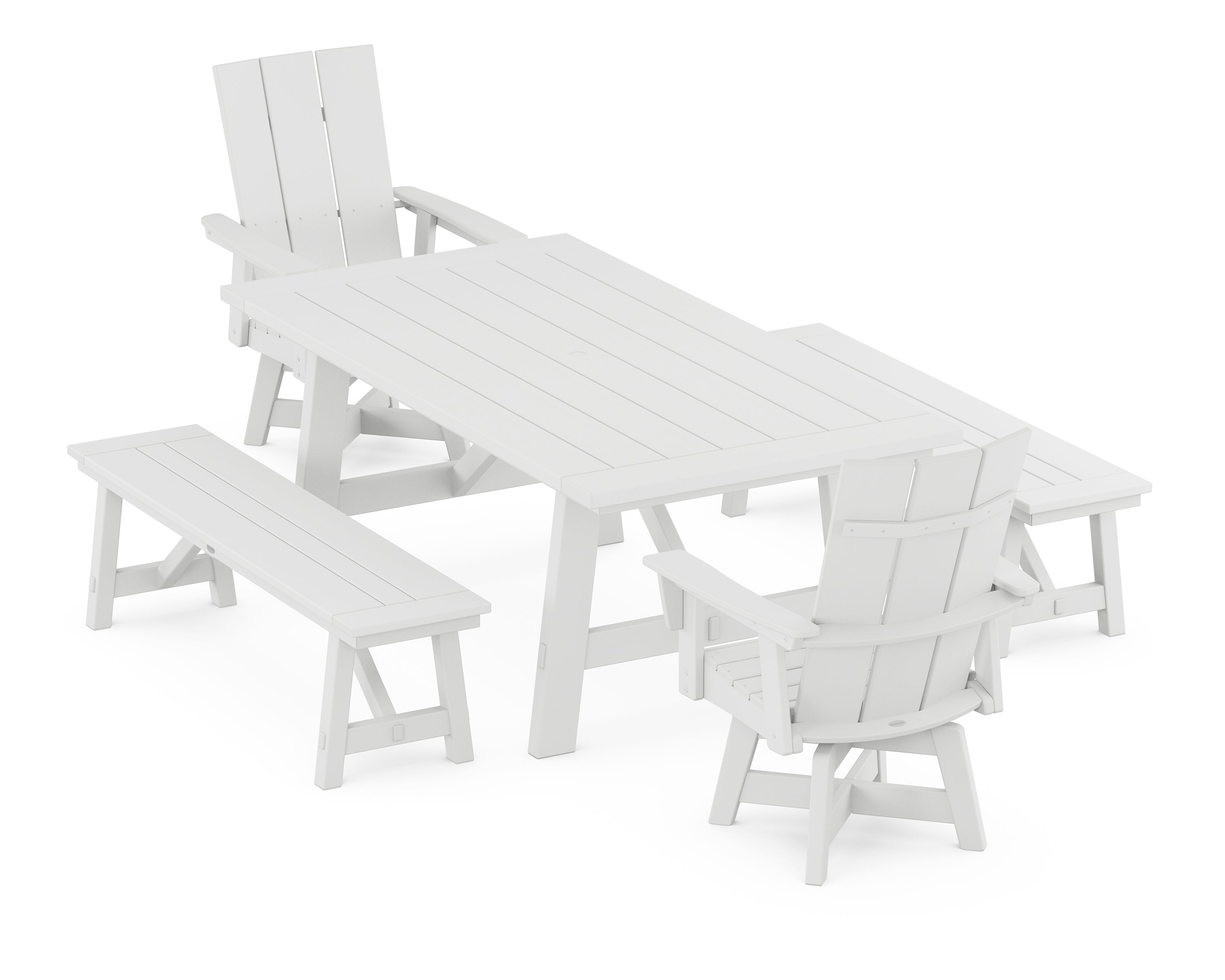 POLYWOOD® Modern Curveback Adirondack Swivel Chair 5-Piece Rustic Farmhouse Dining Set With Benches in White