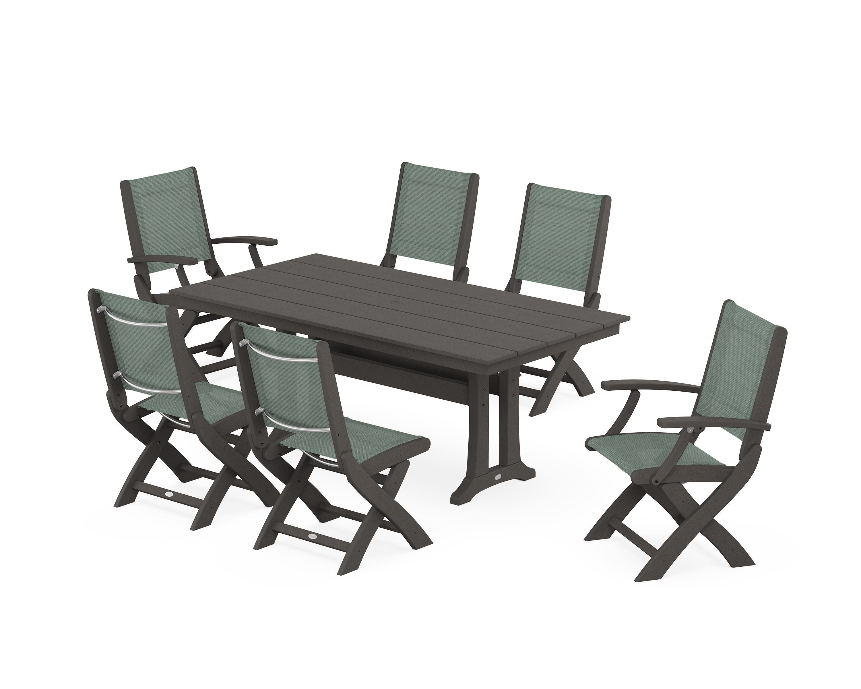 POLYWOOD Coastal Folding Chair 7-Piece Farmhouse Dining Set with Trestle Legs in Vintage Coffee / Dupioni Sea Mist Sling
