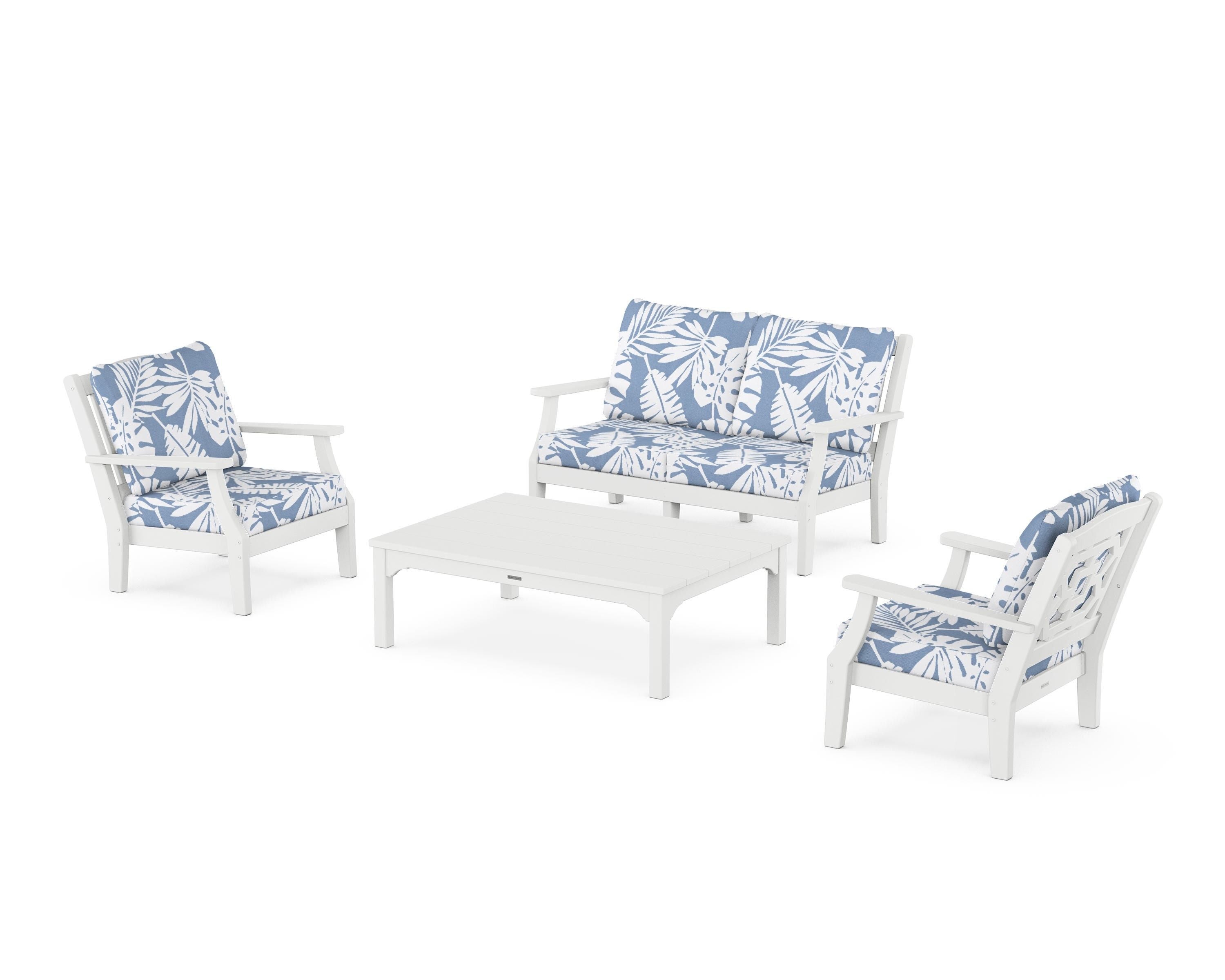 Martha Stewart by POLYWOOD Chinoiserie 4-Piece Deep Seating Set with Loveseat in White / Leaf Sky Blue