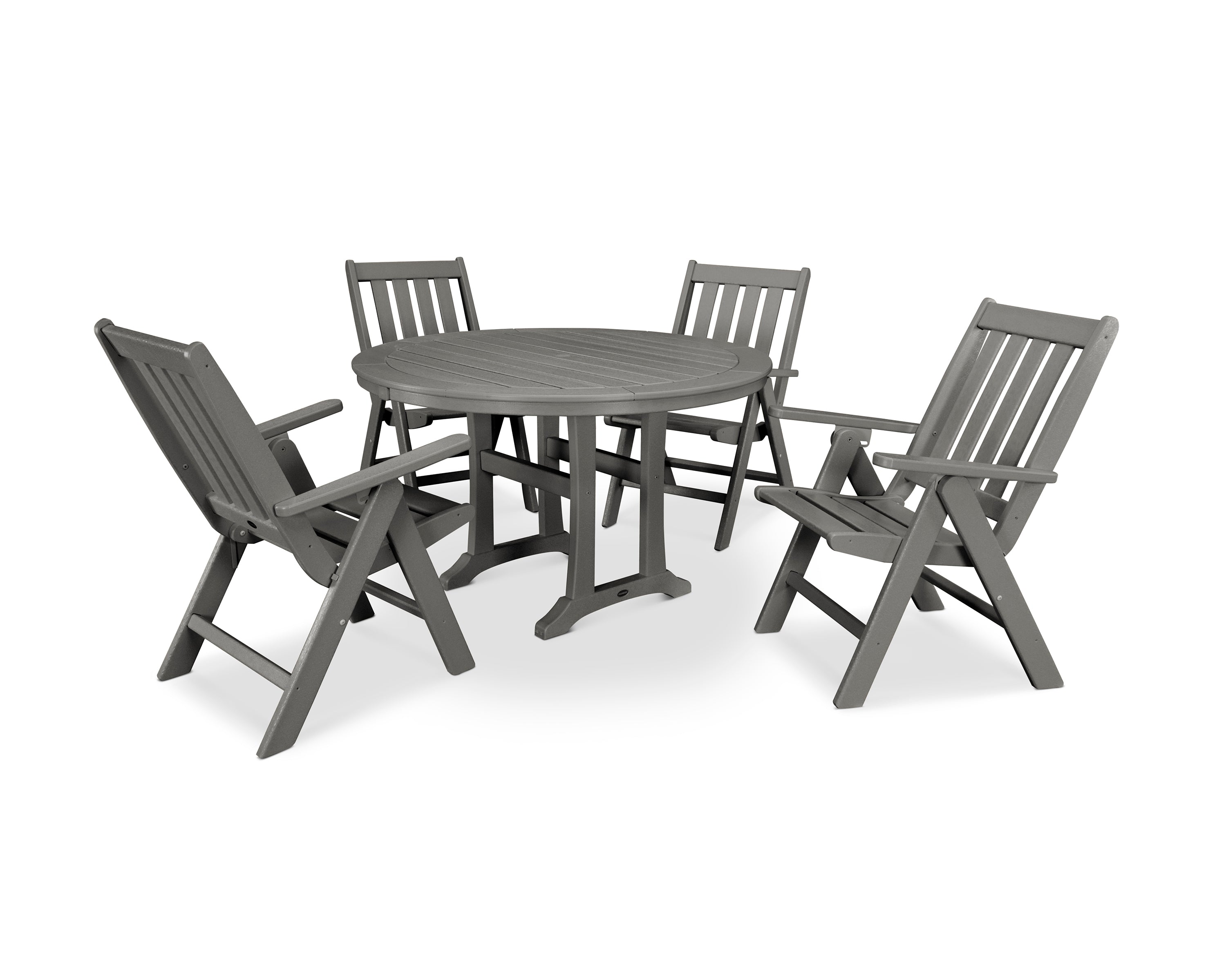 POLYWOOD® Vineyard Folding Chair 5-Piece Round Dining Set with Trestle Legs in Slate Grey