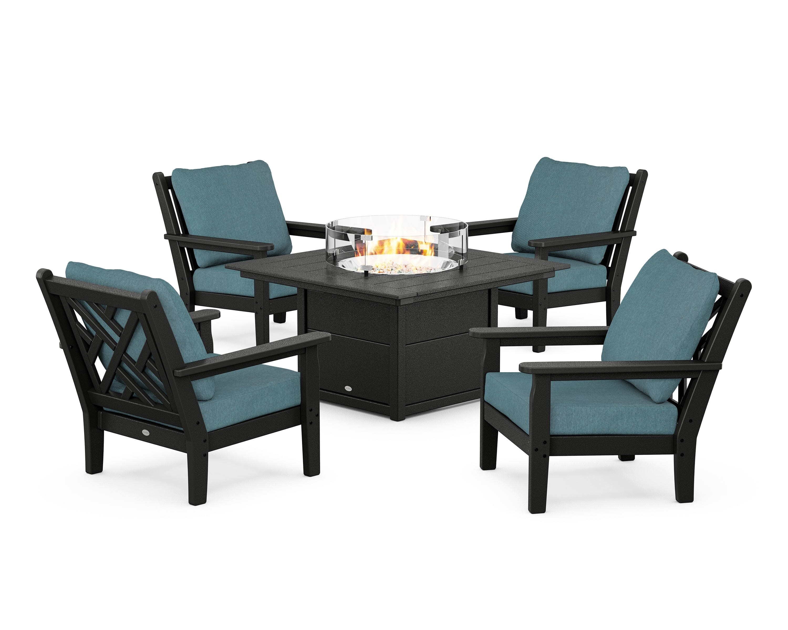 POLYWOOD Chippendale 5-Piece Deep Seating Set with Fire Pit Table in Black / Ocean Teal