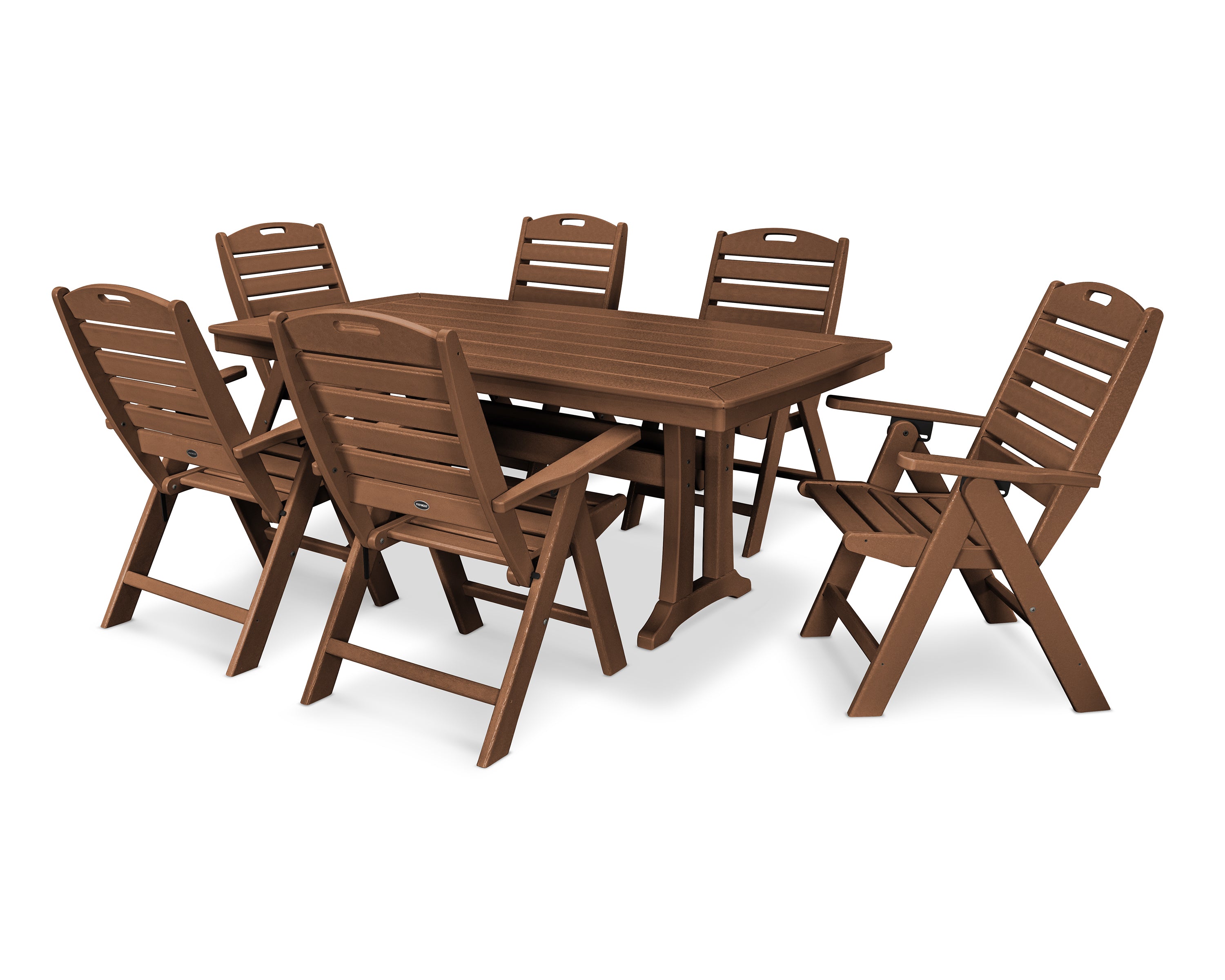 POLYWOOD Nautical Folding Highback Chair 7-Piece Dining Set with Trestle Legs in Teak