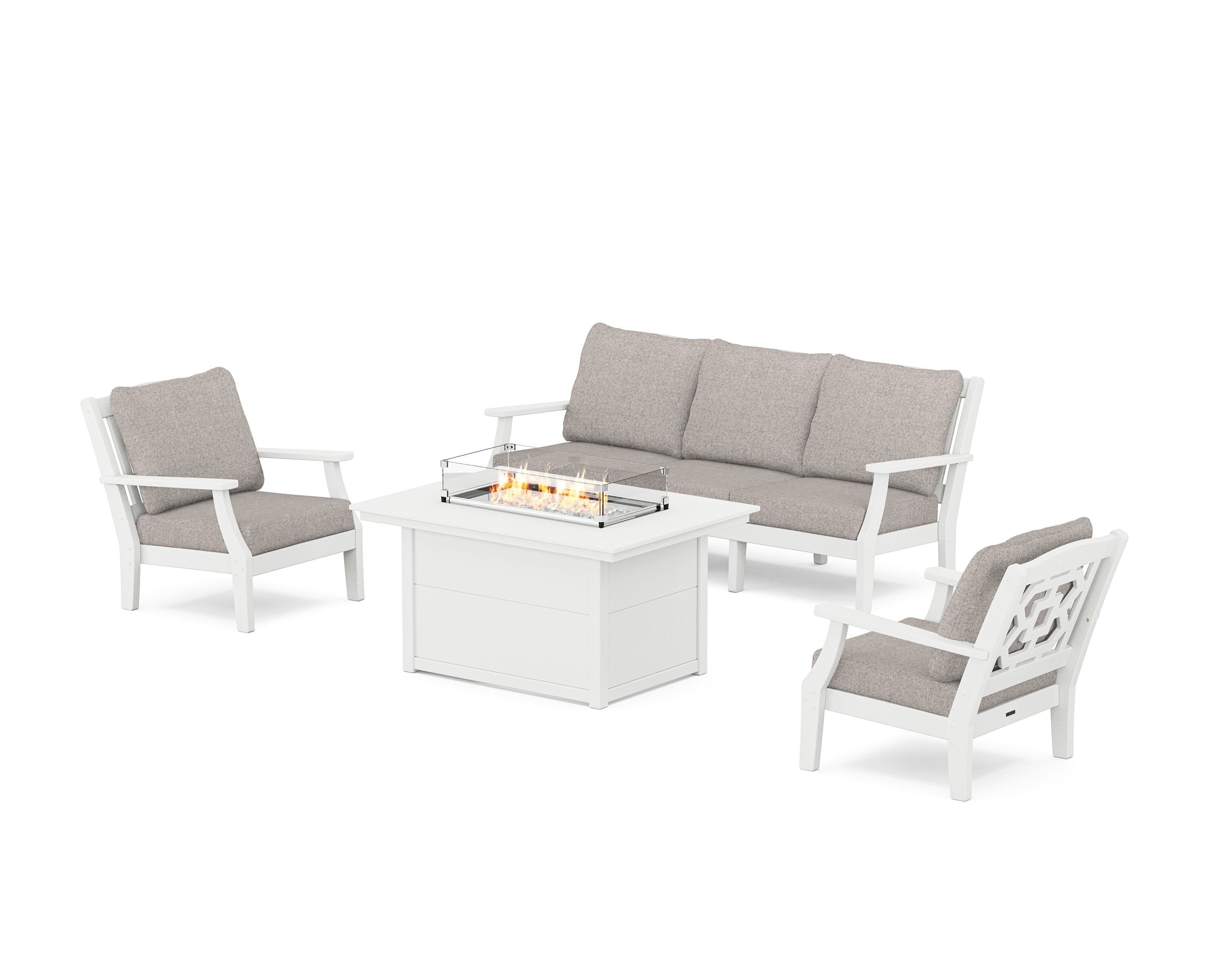 Martha Stewart by POLYWOOD Chinoiserie Deep Seating Fire Pit Table Set in White / Weathered Tweed