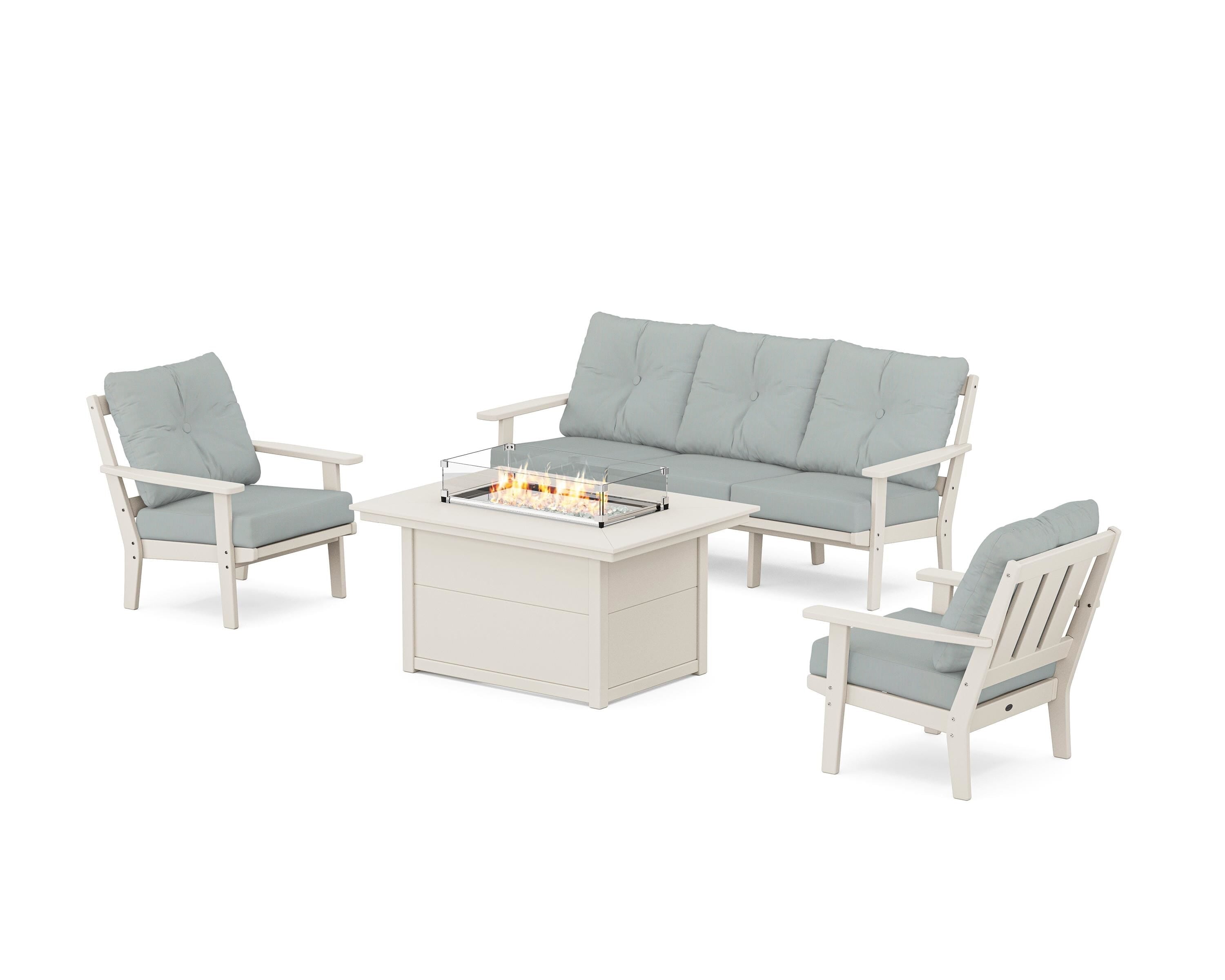 POLYWOOD Oxford Deep Seating Fire Pit Table Set in Sand / Spa