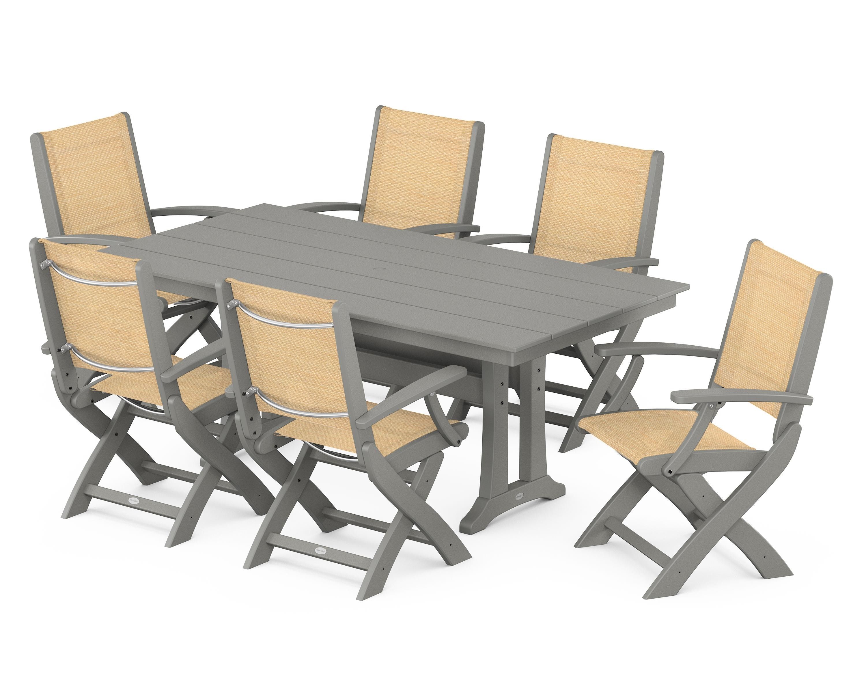 POLYWOOD Coastal Folding Arm Chair 7-Piece Farmhouse Dining Set with Trestle Legs in Slate Grey / Dupioni Apricot Sling