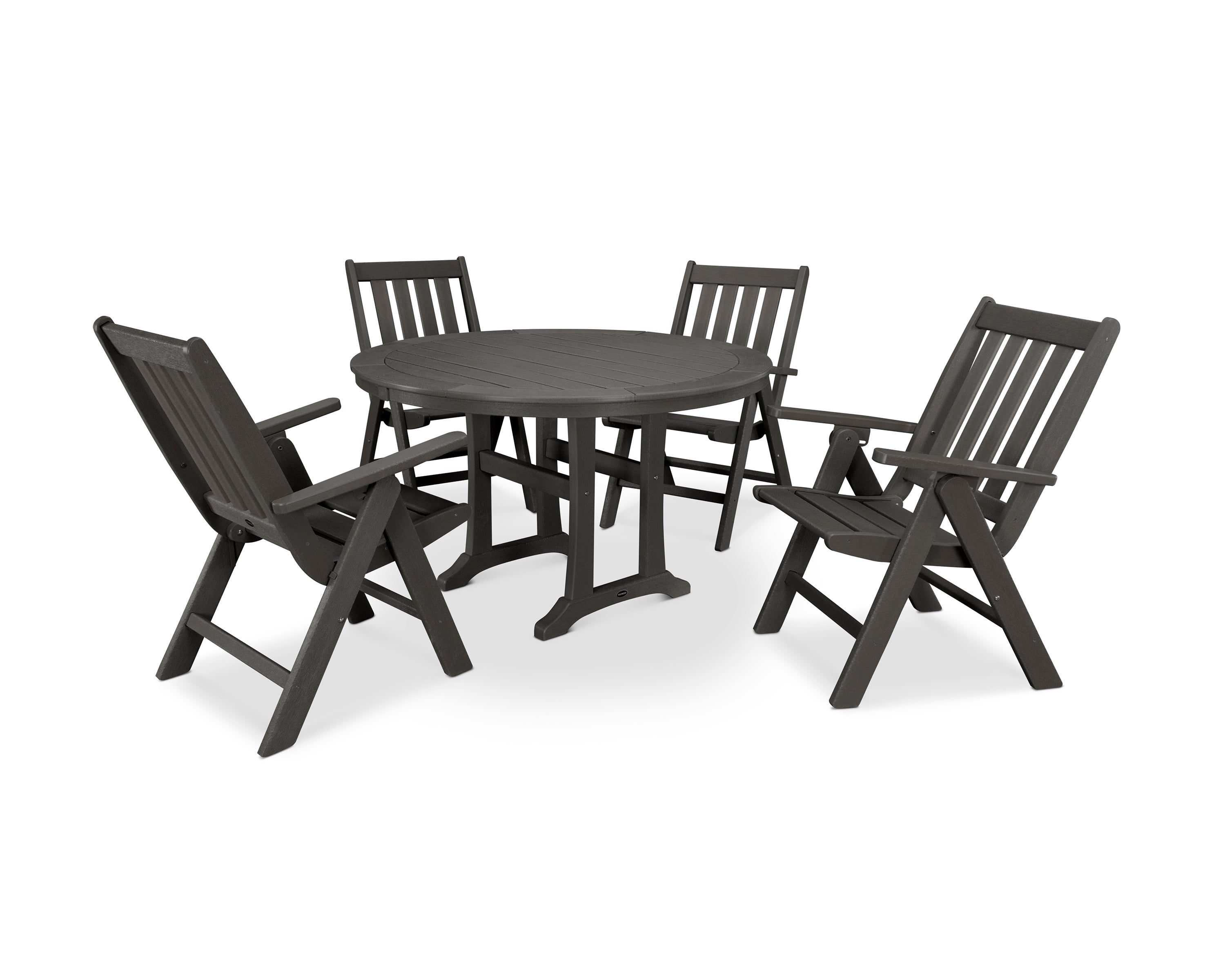POLYWOOD® Vineyard Folding Chair 5-Piece Round Dining Set with Trestle Legs in Vintage Coffee