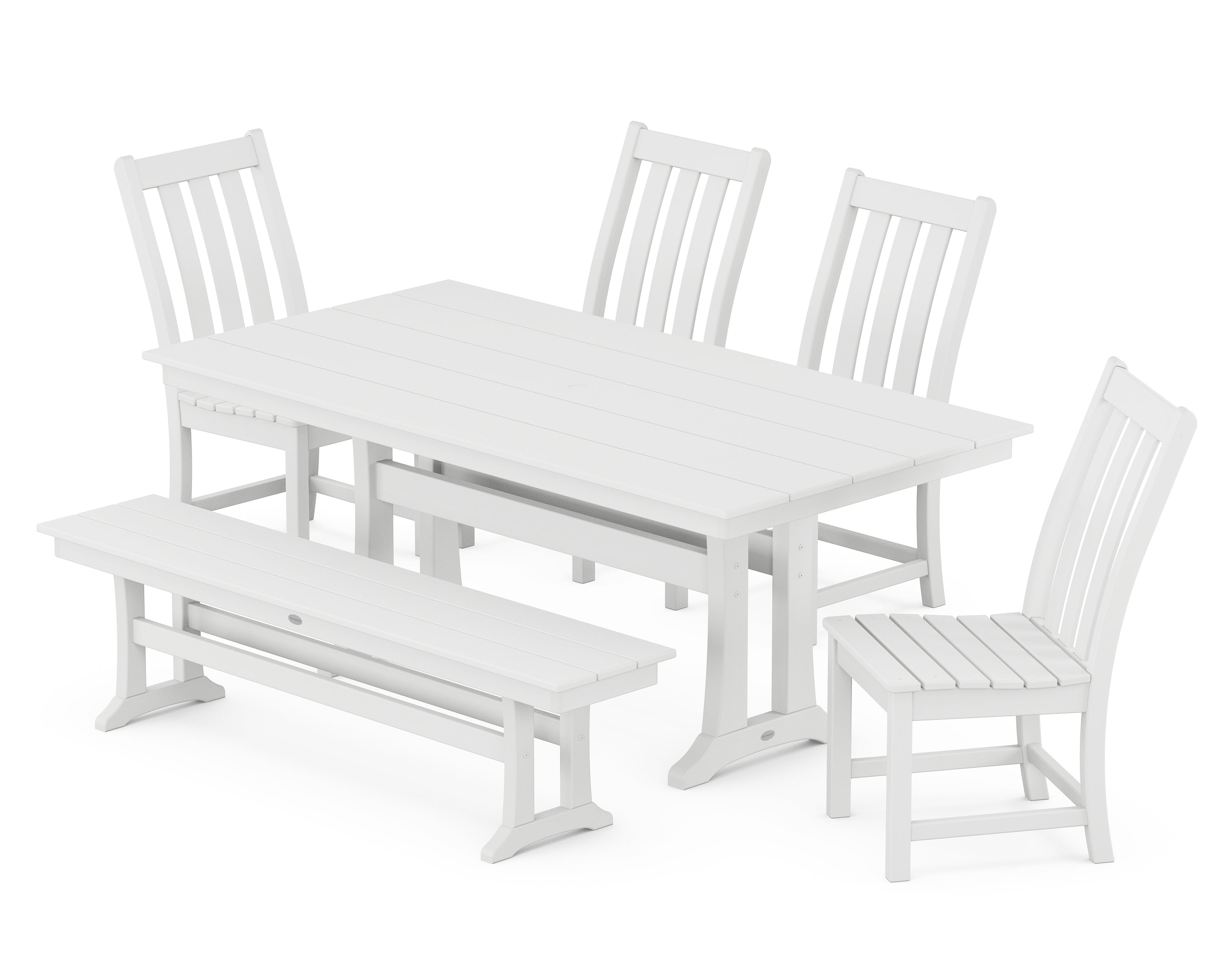 POLYWOOD Vineyard Side Chair 6-Piece Farmhouse Dining Set with Trestle Legs and Bench in White