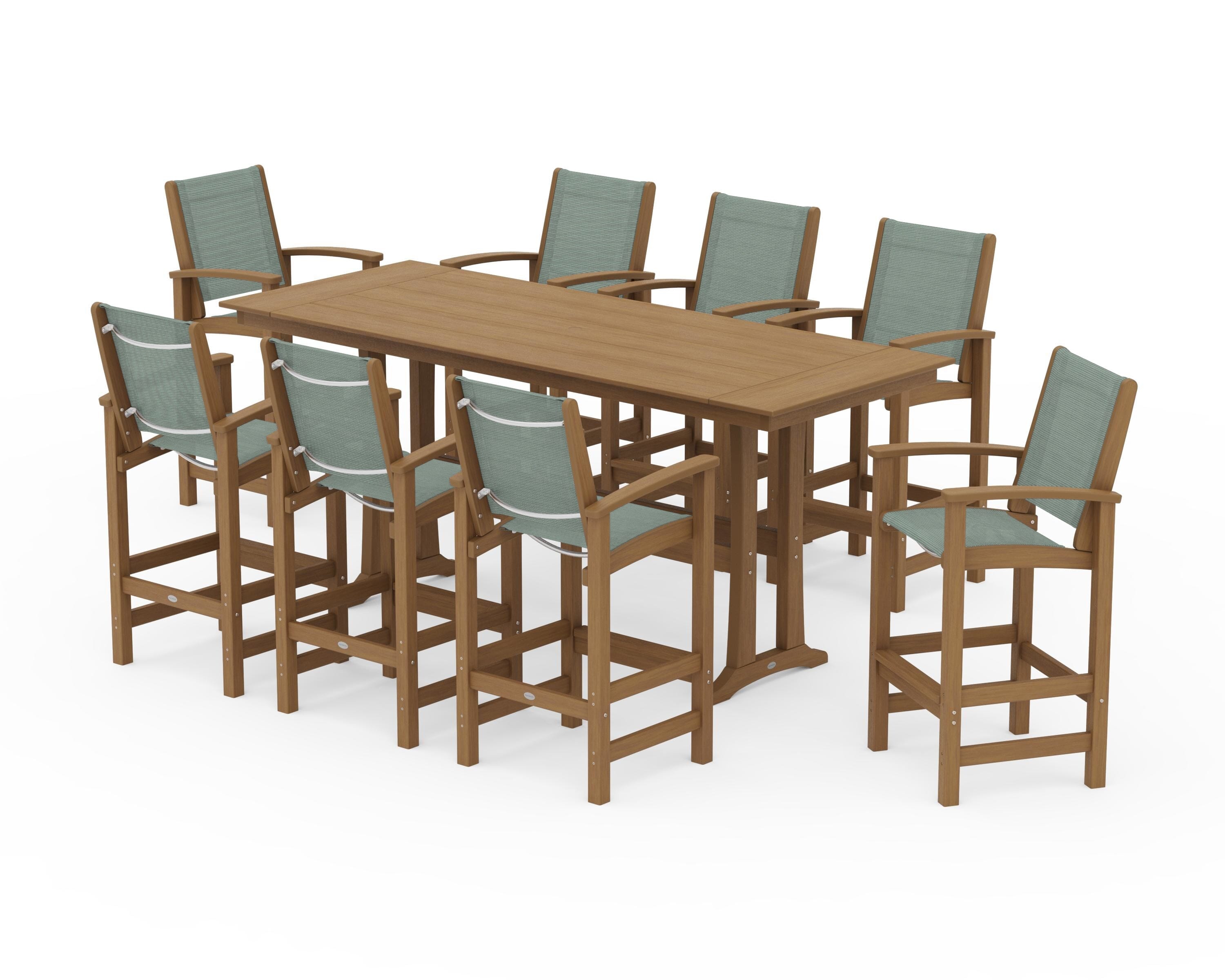 POLYWOOD Coastal 9-Piece Farmhouse Bar Set with Trestle Legs in Natural / Dupioni Sea Mist Sling