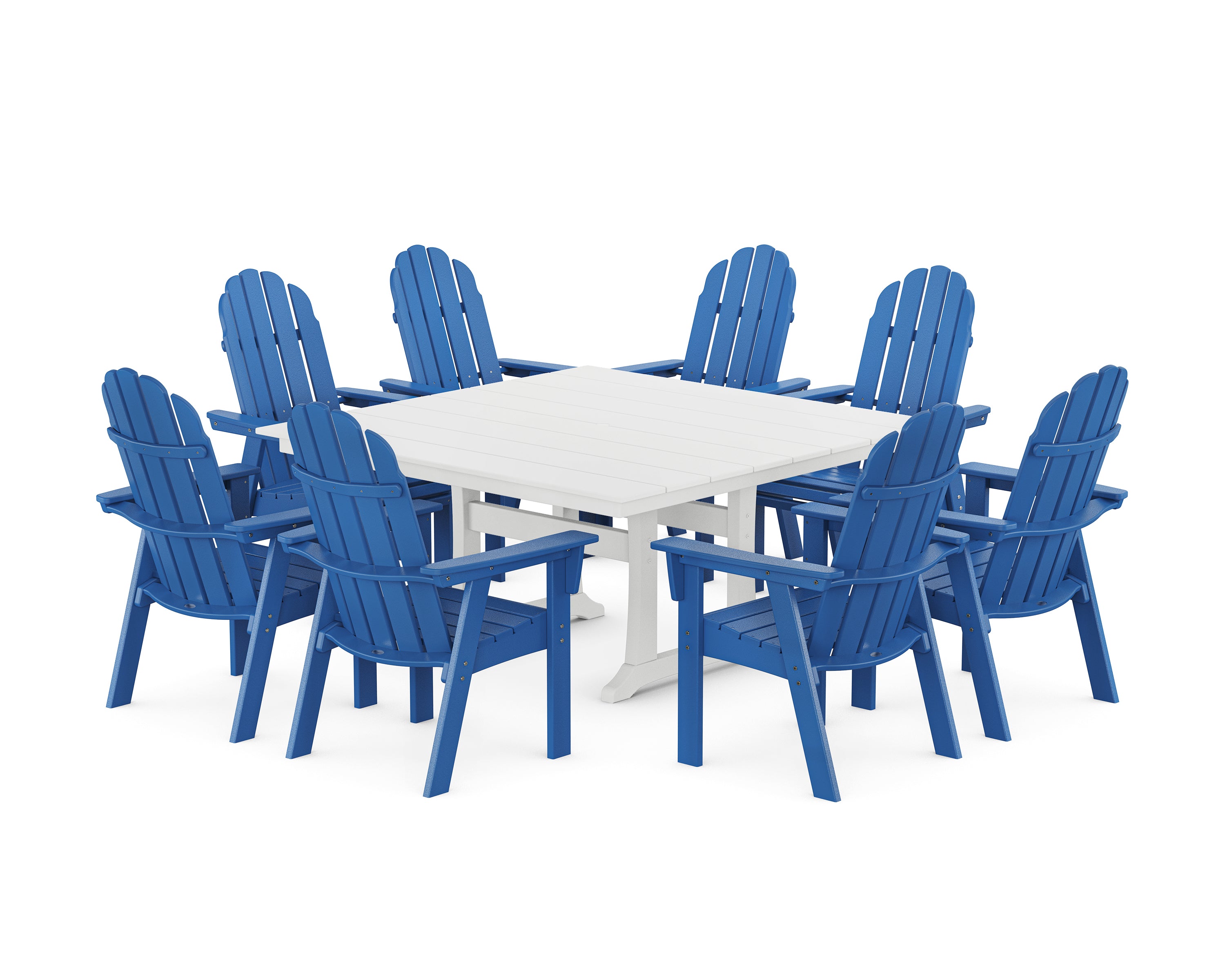 POLYWOOD Vineyard Curveback Adirondack 9-Piece Square Farmhouse Dining Set with Trestle Legs in Pacific Blue / White