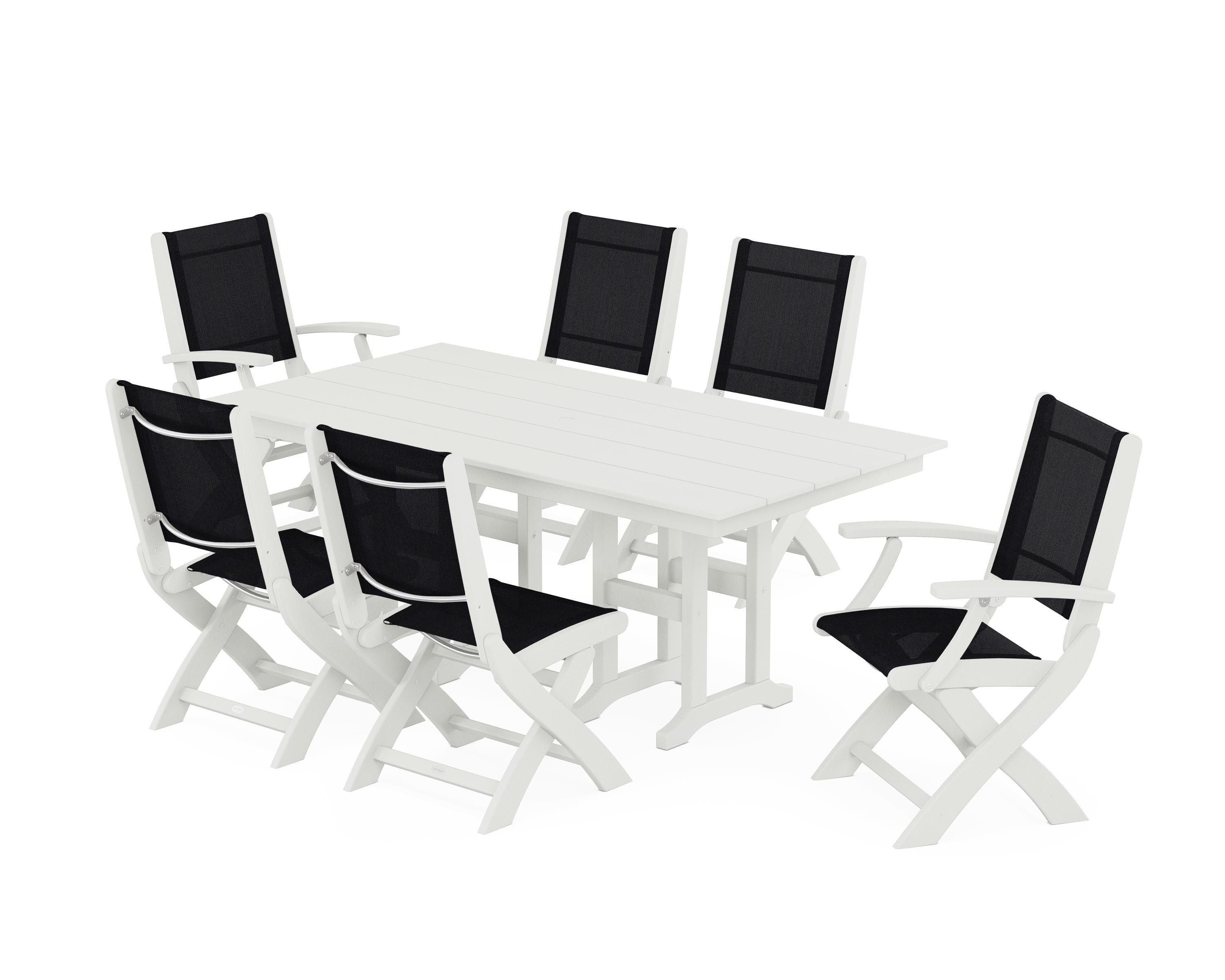 POLYWOOD Coastal Folding Chair 7-Piece Farmhouse Dining Set in Vintage White / Black Sling