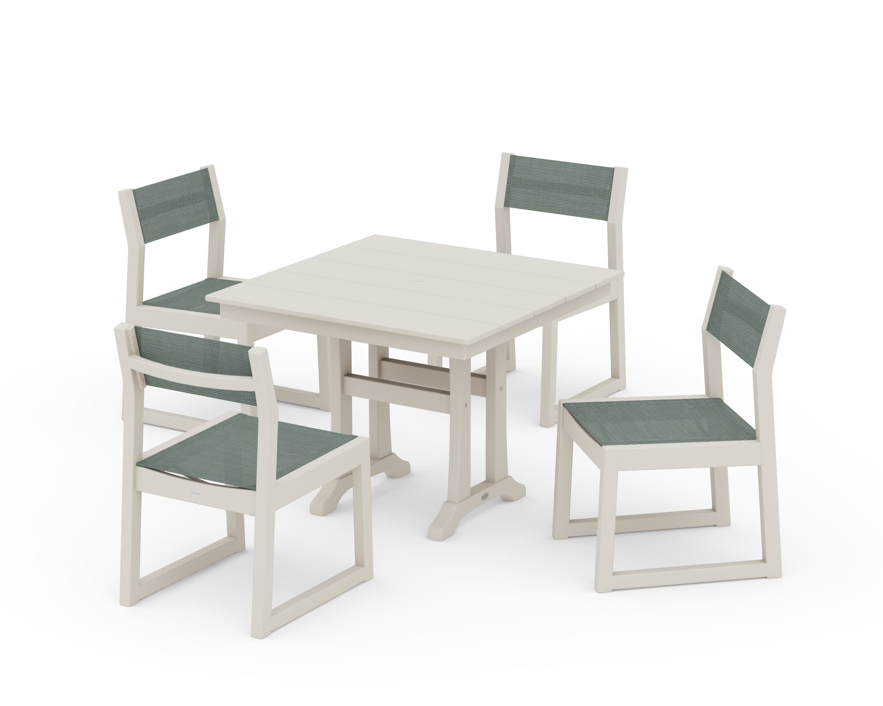 POLYWOOD EDGE Sling 5-Piece Farmhouse Trestle Side Chair Dining Set in Sand / Dupioni Sea Mist Sling