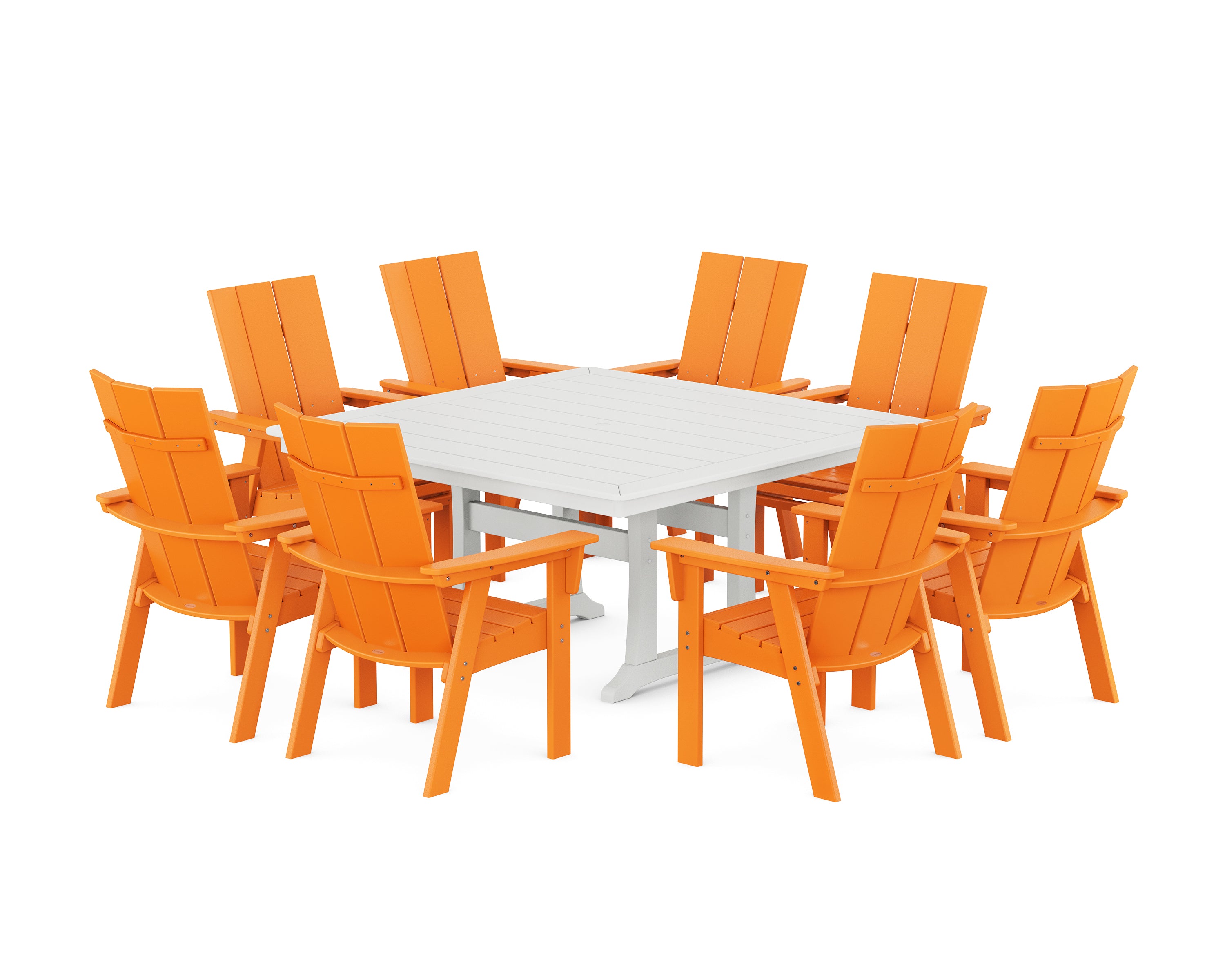POLYWOOD Modern Curveback Adirondack 9-Piece Square Dining Set with Trestle Legs in Tangerine / White