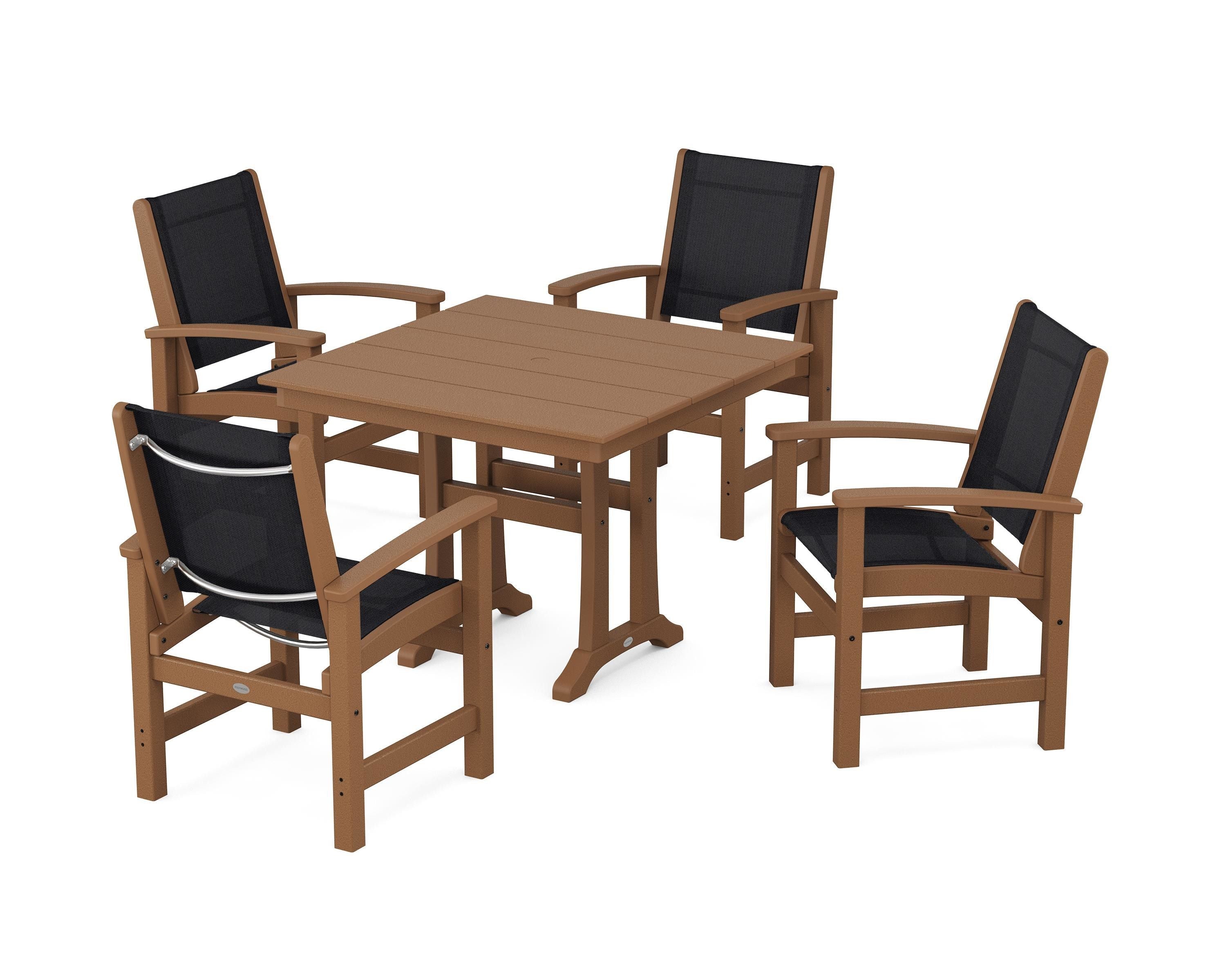 POLYWOOD Coastal 5-Piece Farmhouse Dining Set With Trestle Legs in Teak / Black Sling