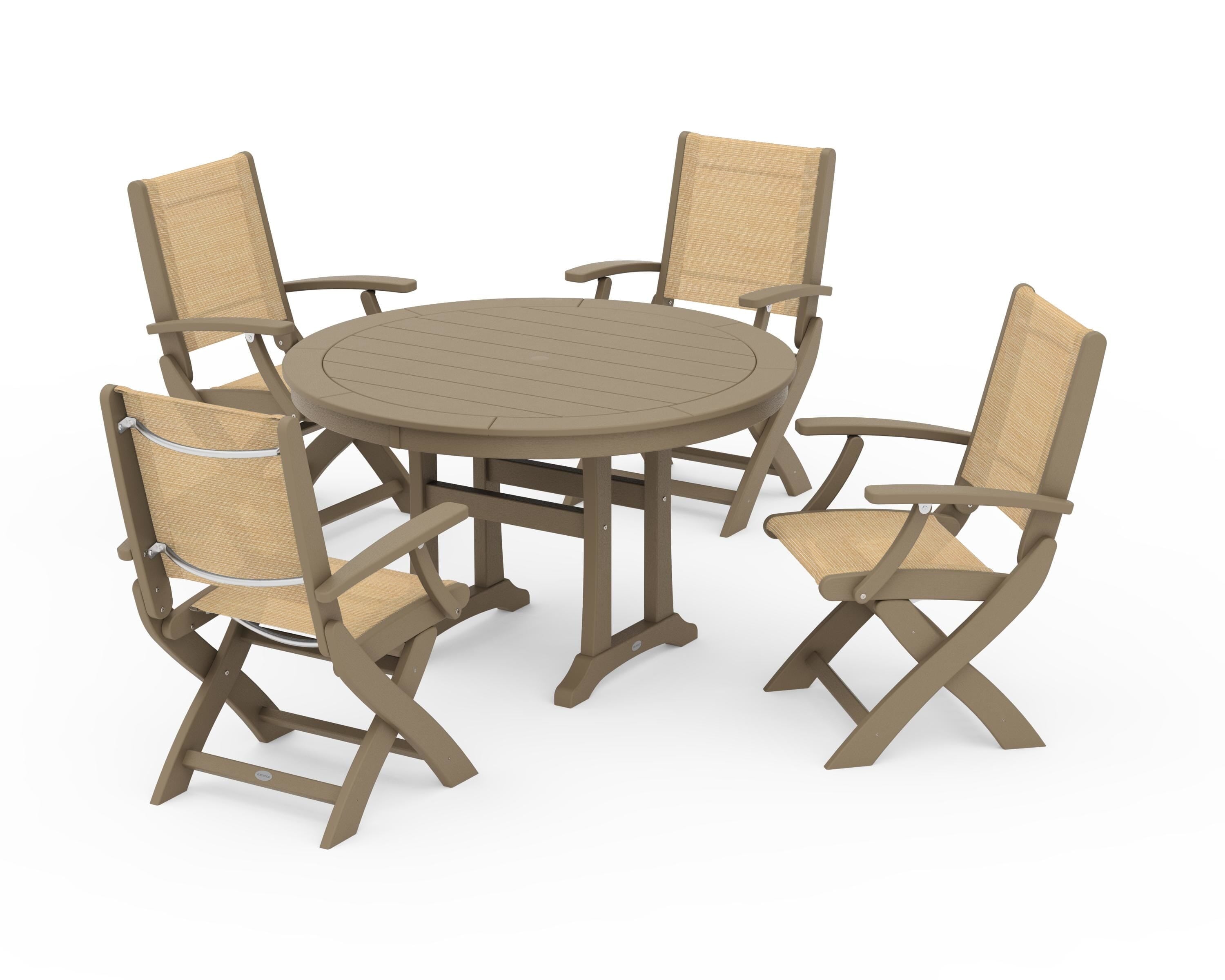 POLYWOOD Coastal Folding Chair 5-Piece Round Dining Set with Trestle Legs in Vintage Sahara / Dupioni Apricot Sling