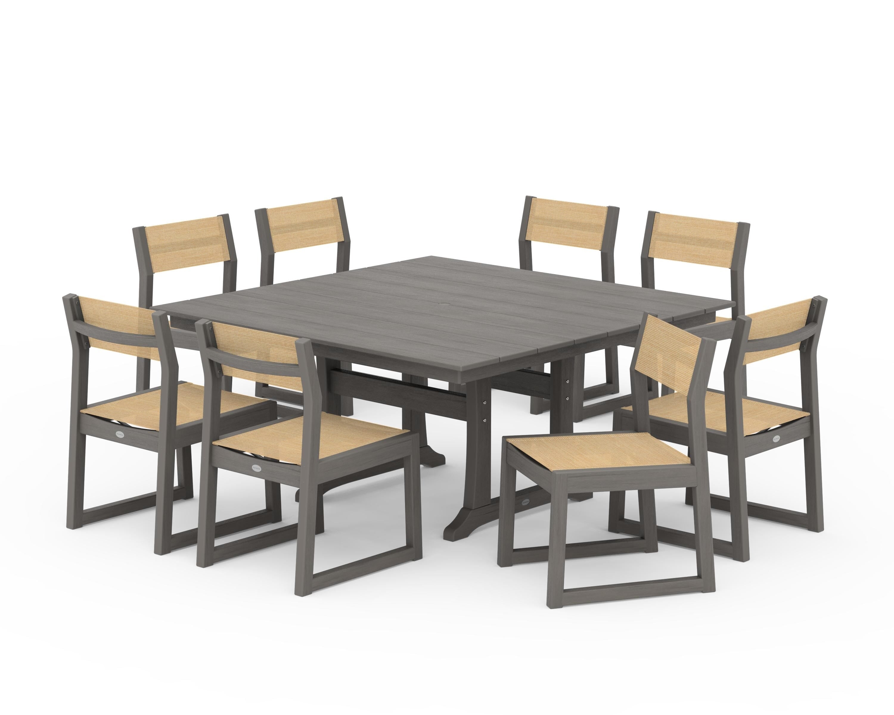 POLYWOOD EDGE Sling Side Chair 9-Piece Farmhouse Trestle Dining Set in Driftwood / Dupioni Apricot Sling