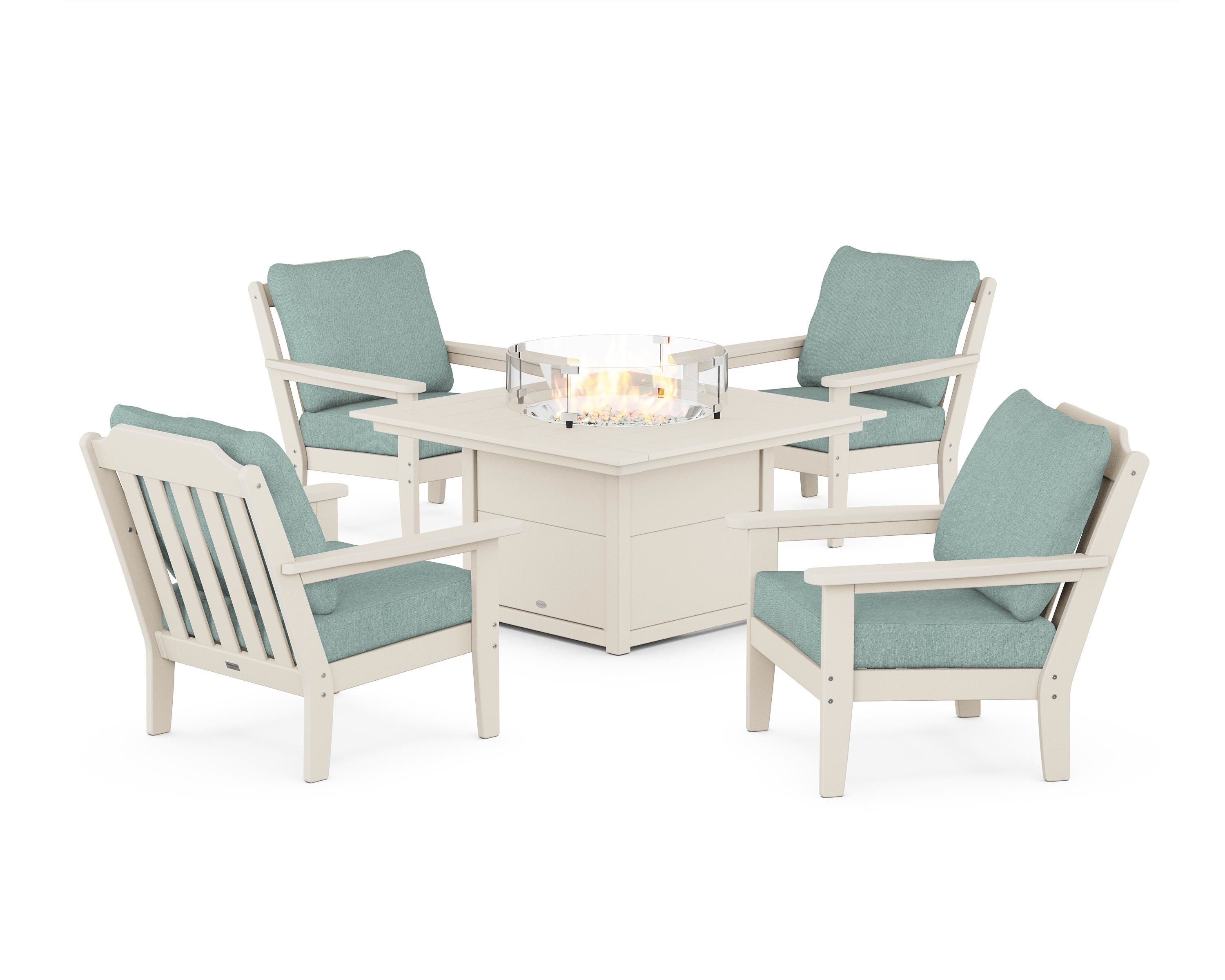 Country Living Cottage 5-Piece Deep Seating Set with Fire Pit Table in Sand / Glacier Spa