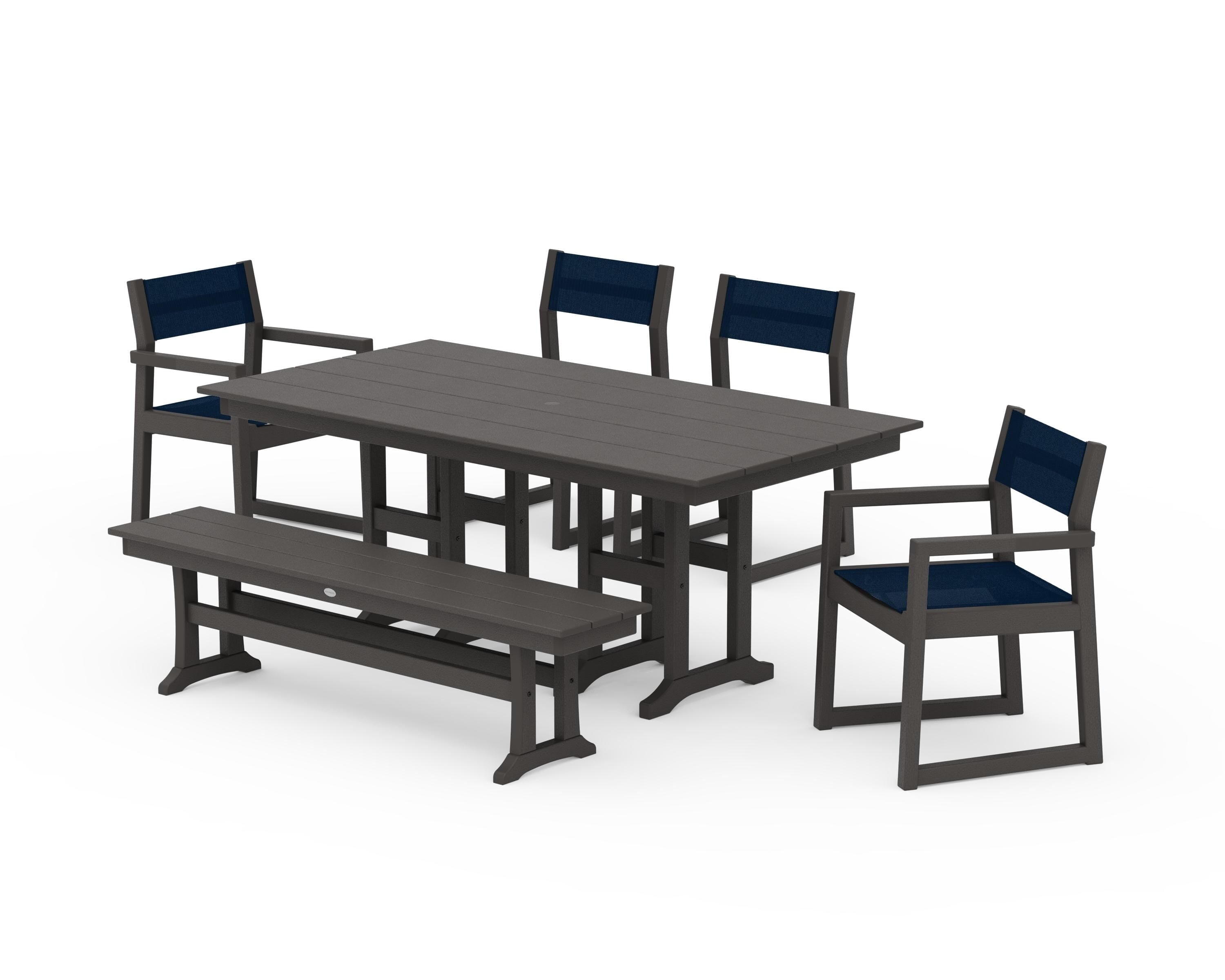 POLYWOOD EDGE Sling 6-Piece Farmhouse Dining Set in Vintage Coffee / Navy Blue Sling