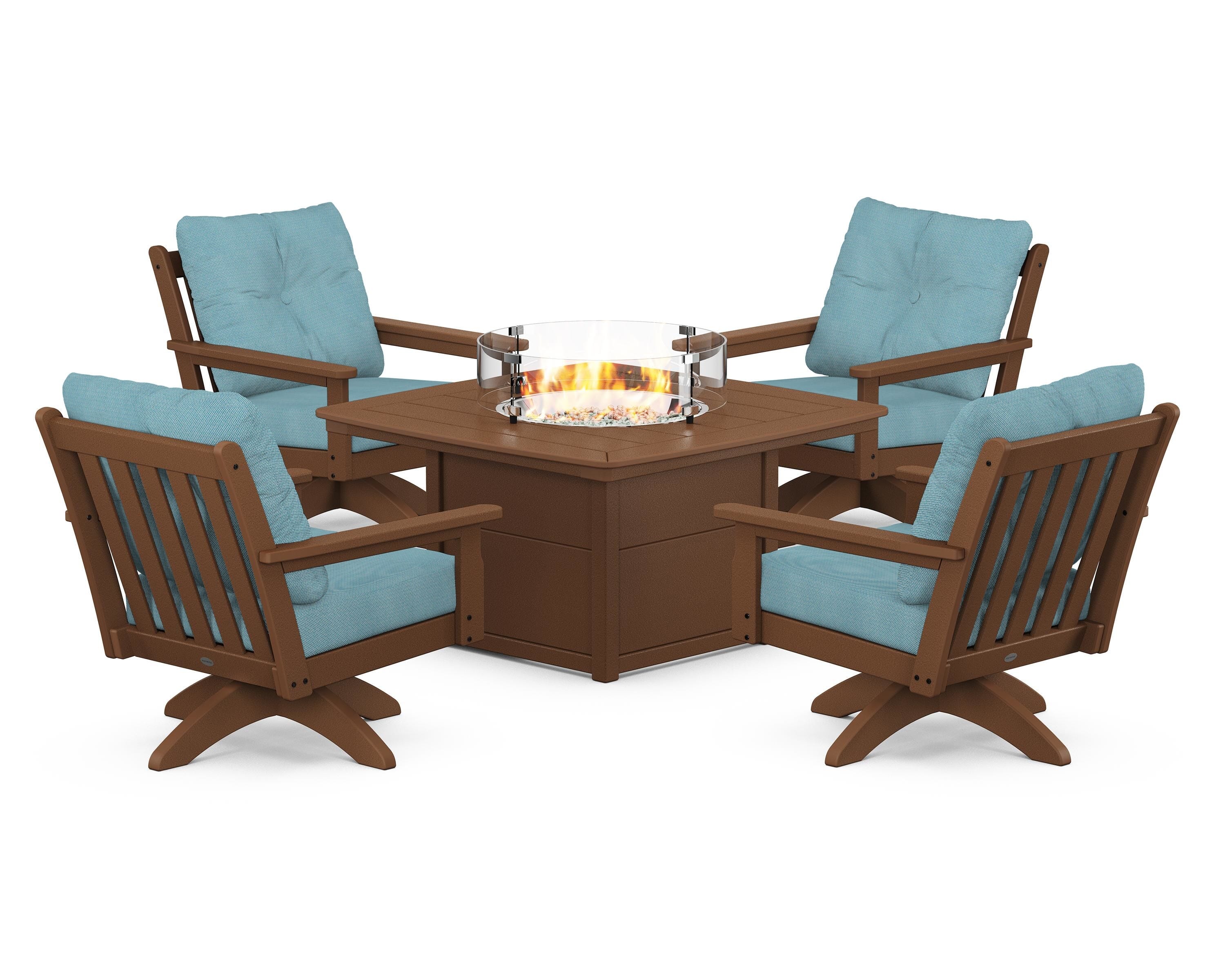 POLYWOOD Vineyard 5-Piece Deep Seating Swivel Conversation Set with Fire Pit Table in Teak / Lattice Sky Blue