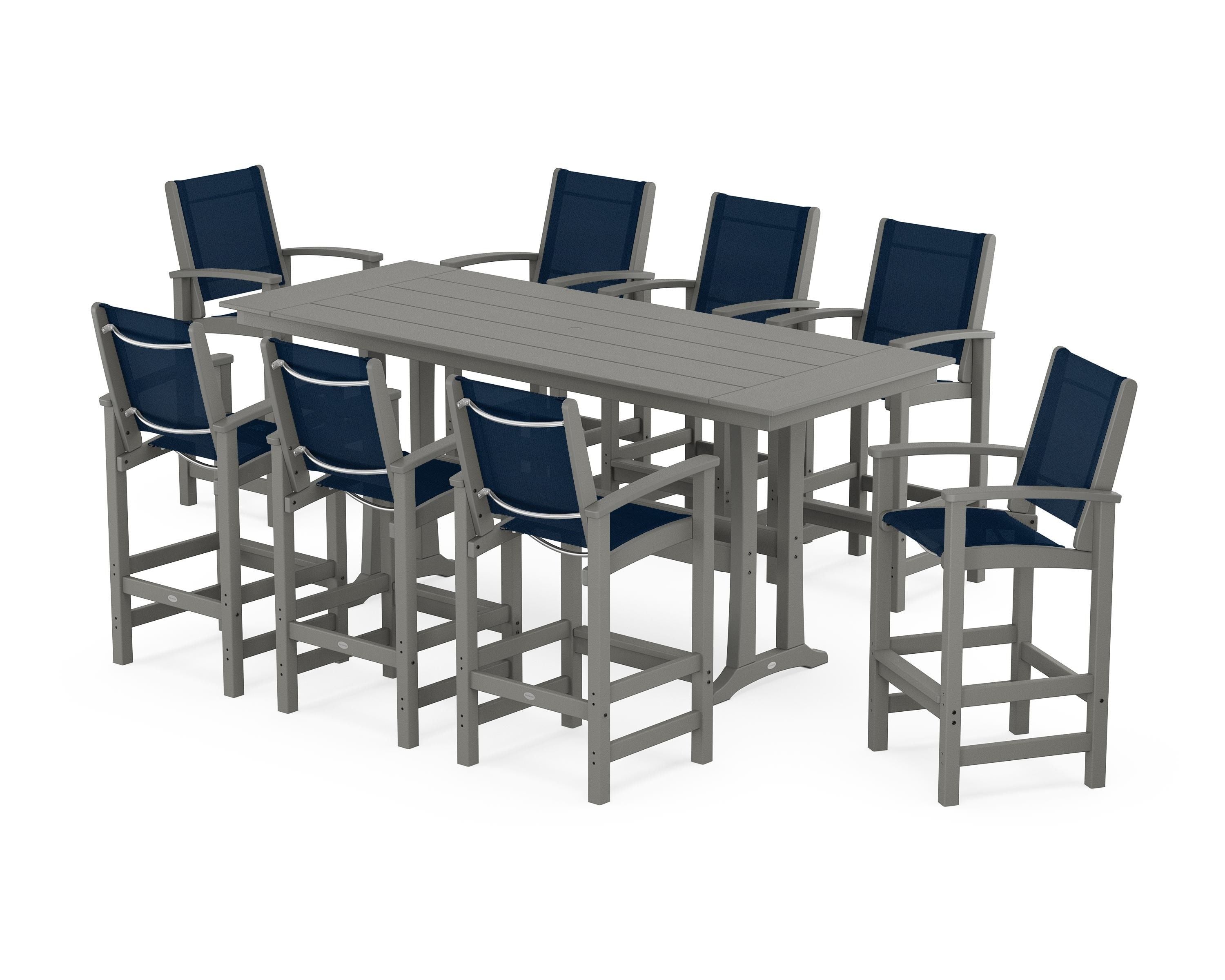 POLYWOOD Coastal 9-Piece Farmhouse Bar Set with Trestle Legs in Slate Grey / Navy Blue Sling