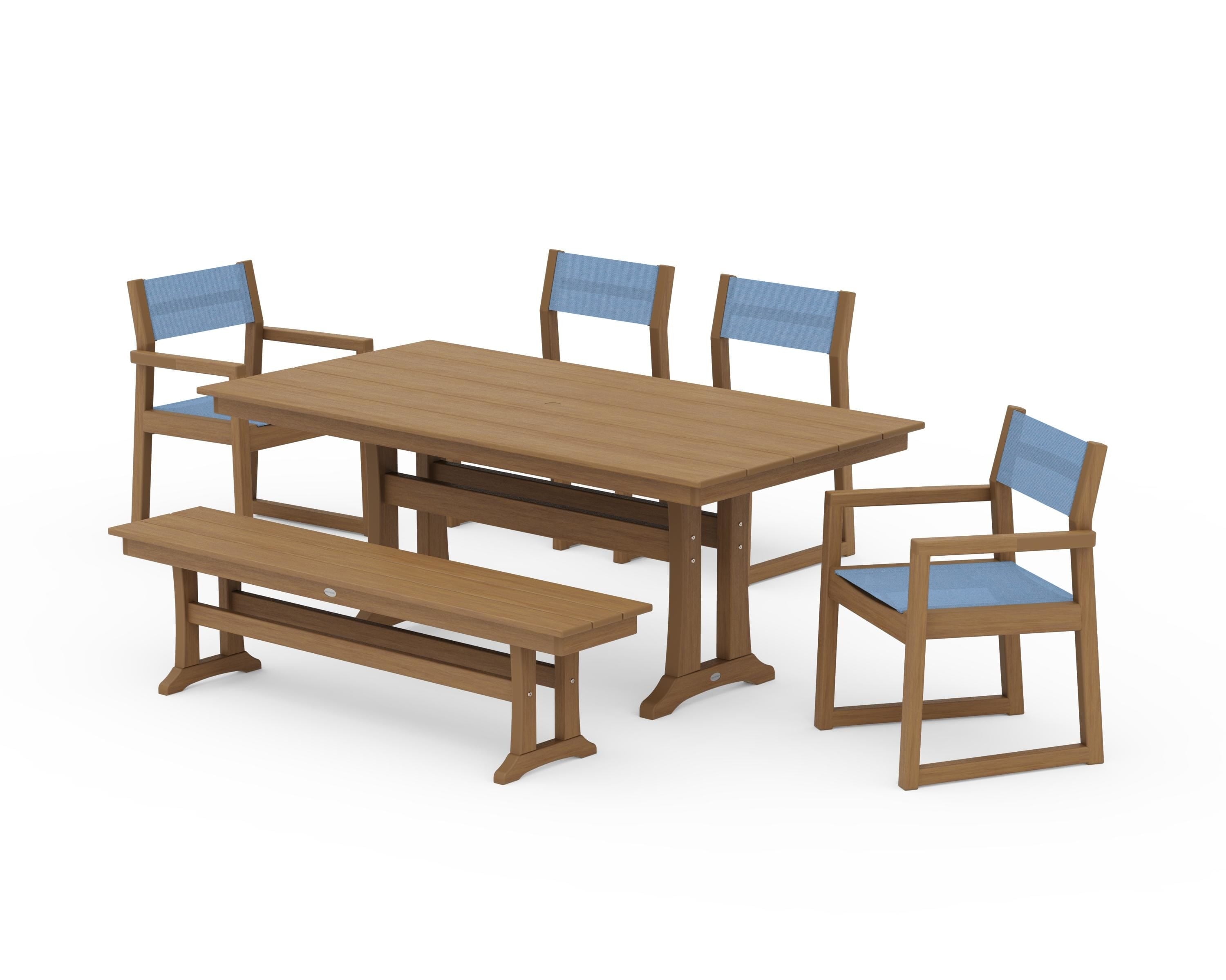 POLYWOOD EDGE Sling 6-Piece Farmhouse Dining Set With Trestle Legs in Natural / Poolside Sling