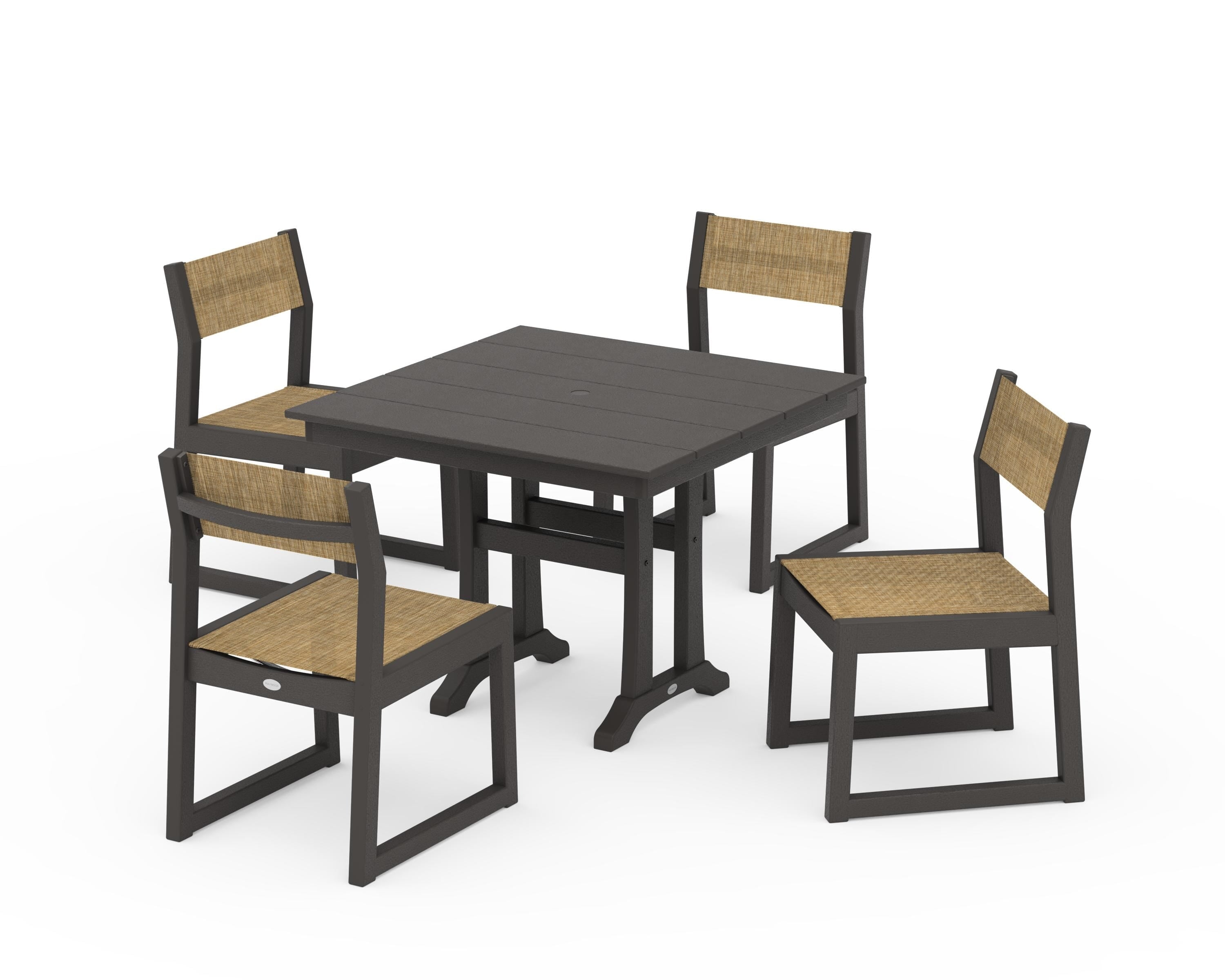 POLYWOOD EDGE Sling 5-Piece Farmhouse Trestle Side Chair Dining Set in Vintage Coffee / Burlap Sling