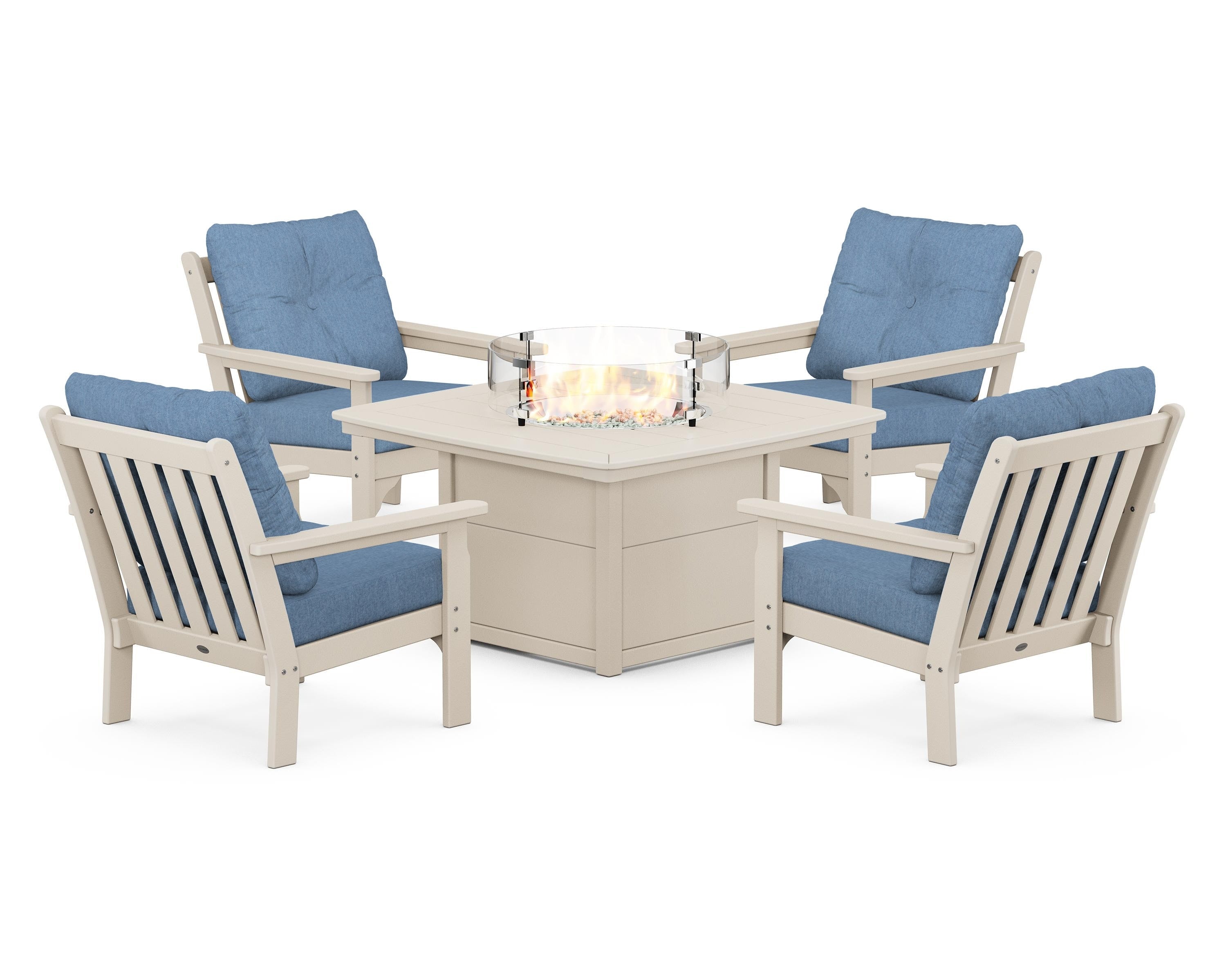 POLYWOOD Vineyard 5-Piece Conversation Set with Fire Pit Table in Sand / Sky Blue