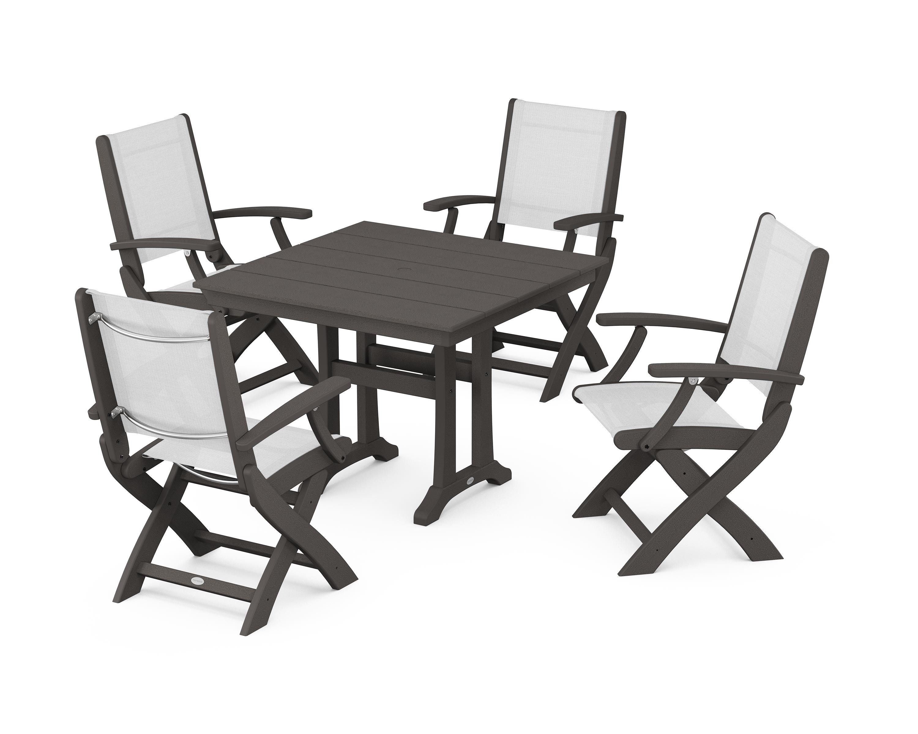 POLYWOOD Coastal Folding Chair 5-Piece Farmhouse Dining Set With Trestle Legs in Vintage Coffee / White Sling