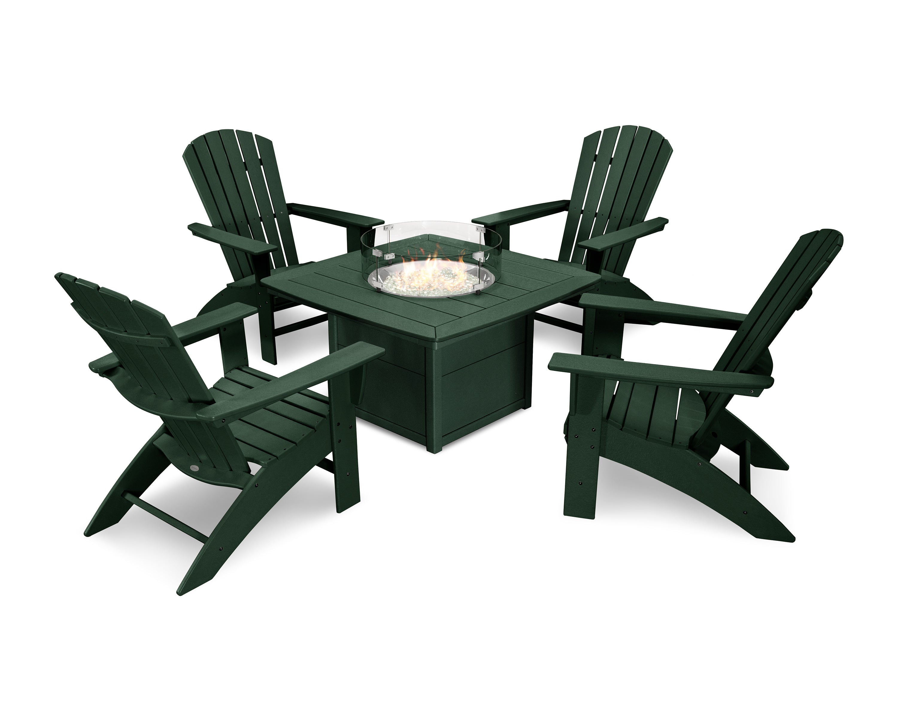 POLYWOOD® Nautical Curveback Adirondack 5-Piece Conversation Set with Fire Pit Table in Green