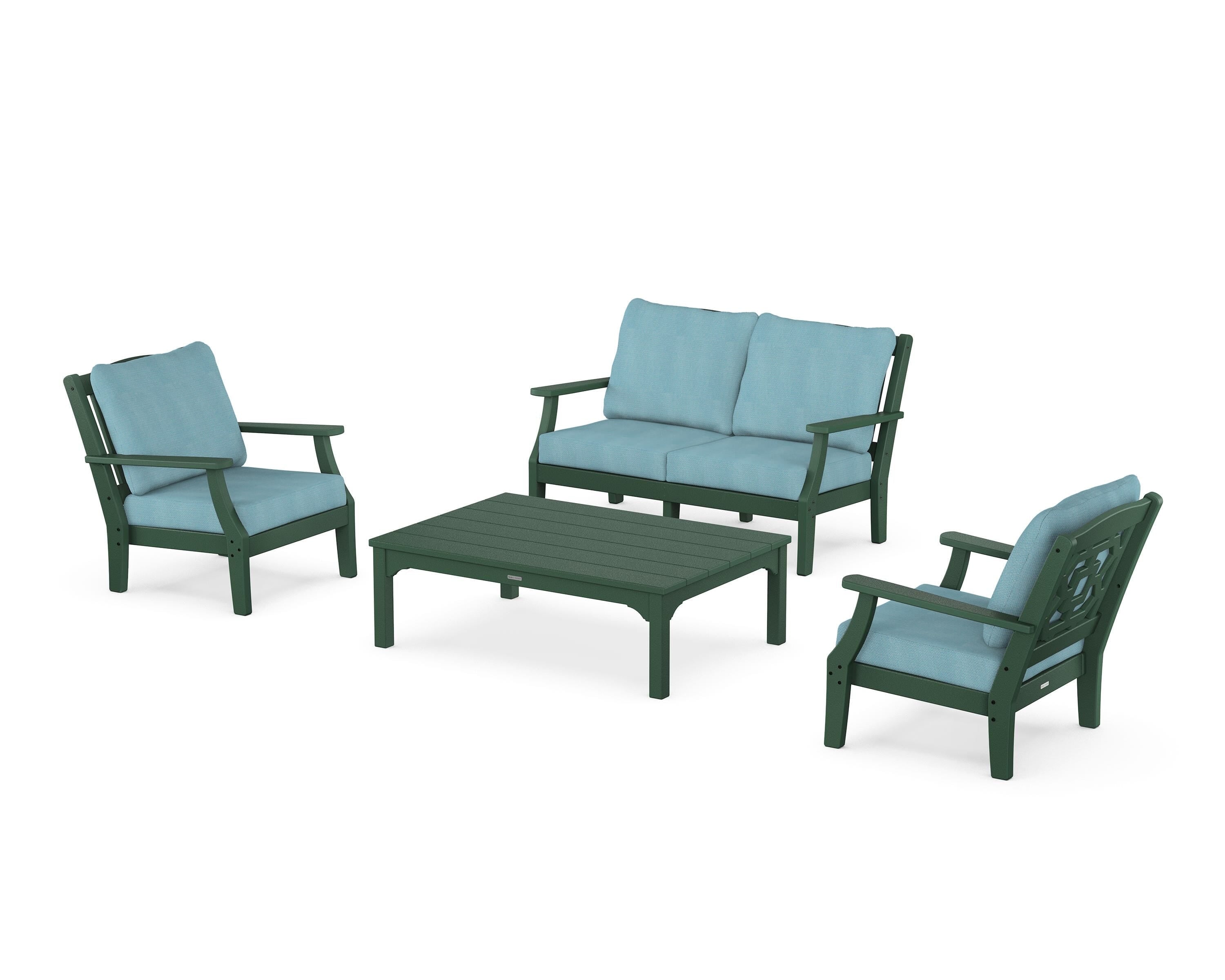 Martha Stewart by POLYWOOD Chinoiserie 4-Piece Deep Seating Set with Loveseat in Green / Lattice Sky Blue
