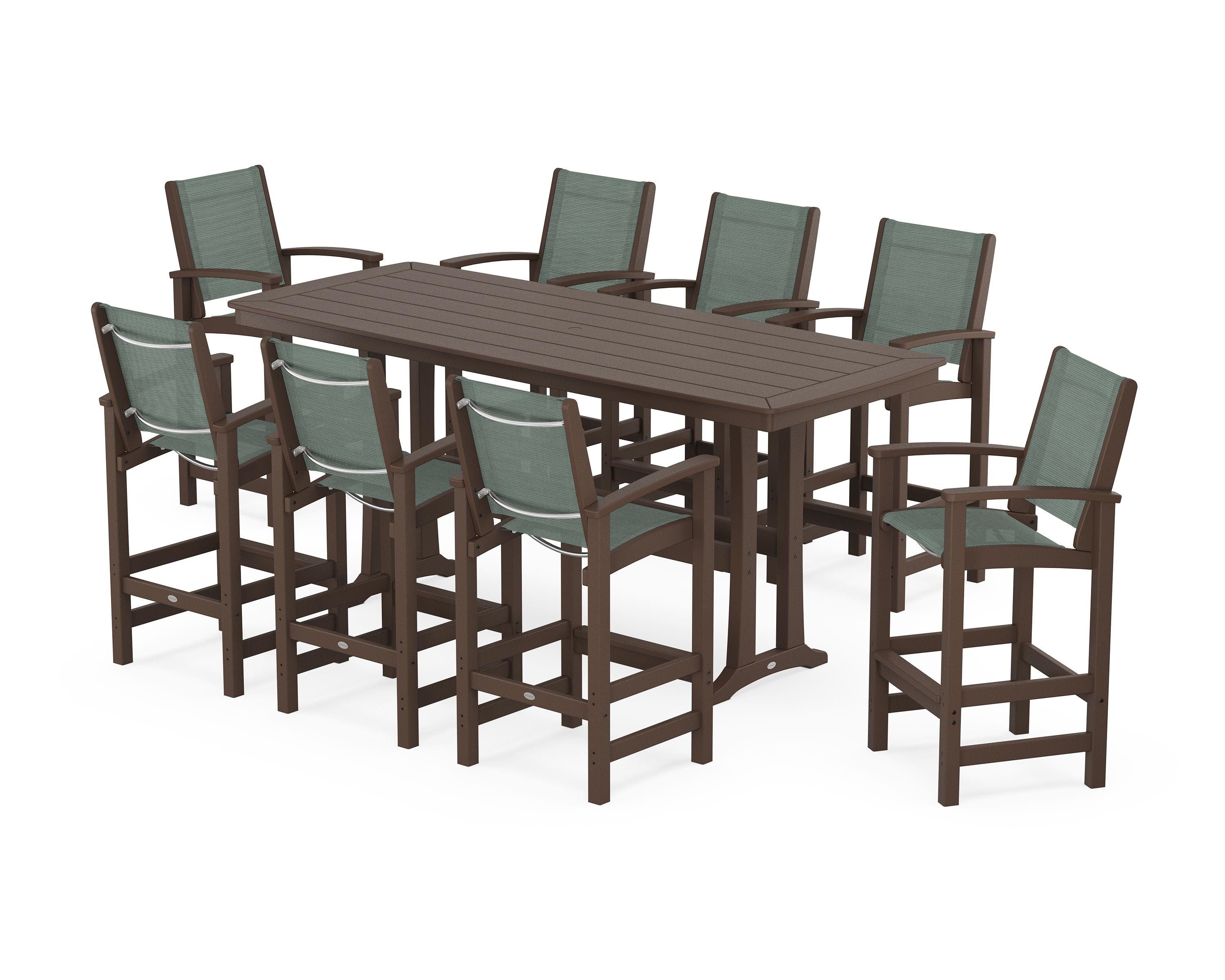POLYWOOD Coastal 9-Piece Bar Set with Trestle Legs in Mahogany / Dupioni Sea Mist Sling