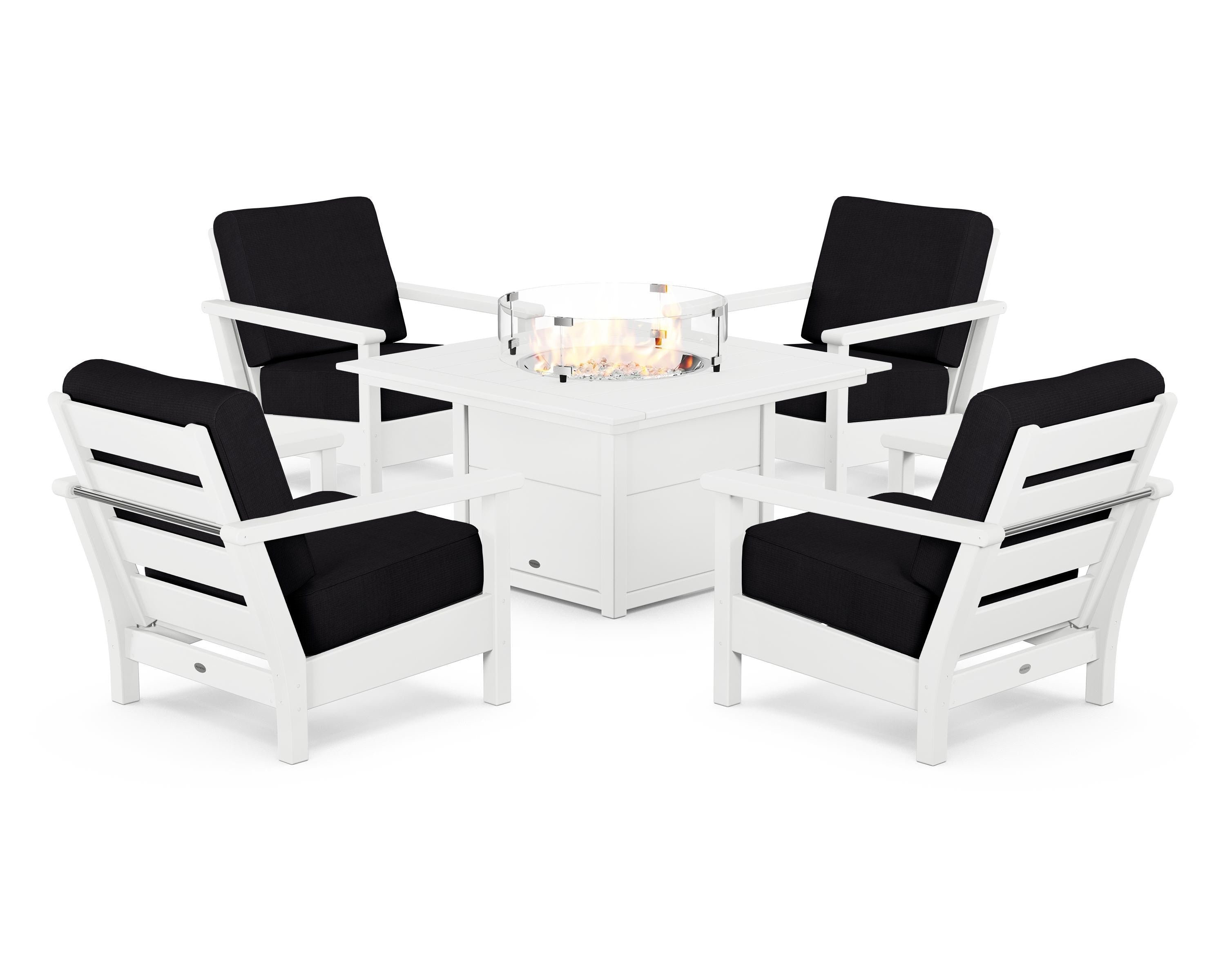 POLYWOOD Harbour 5-Piece Conversation Set with Fire Pit Table in White / Midnight Linen