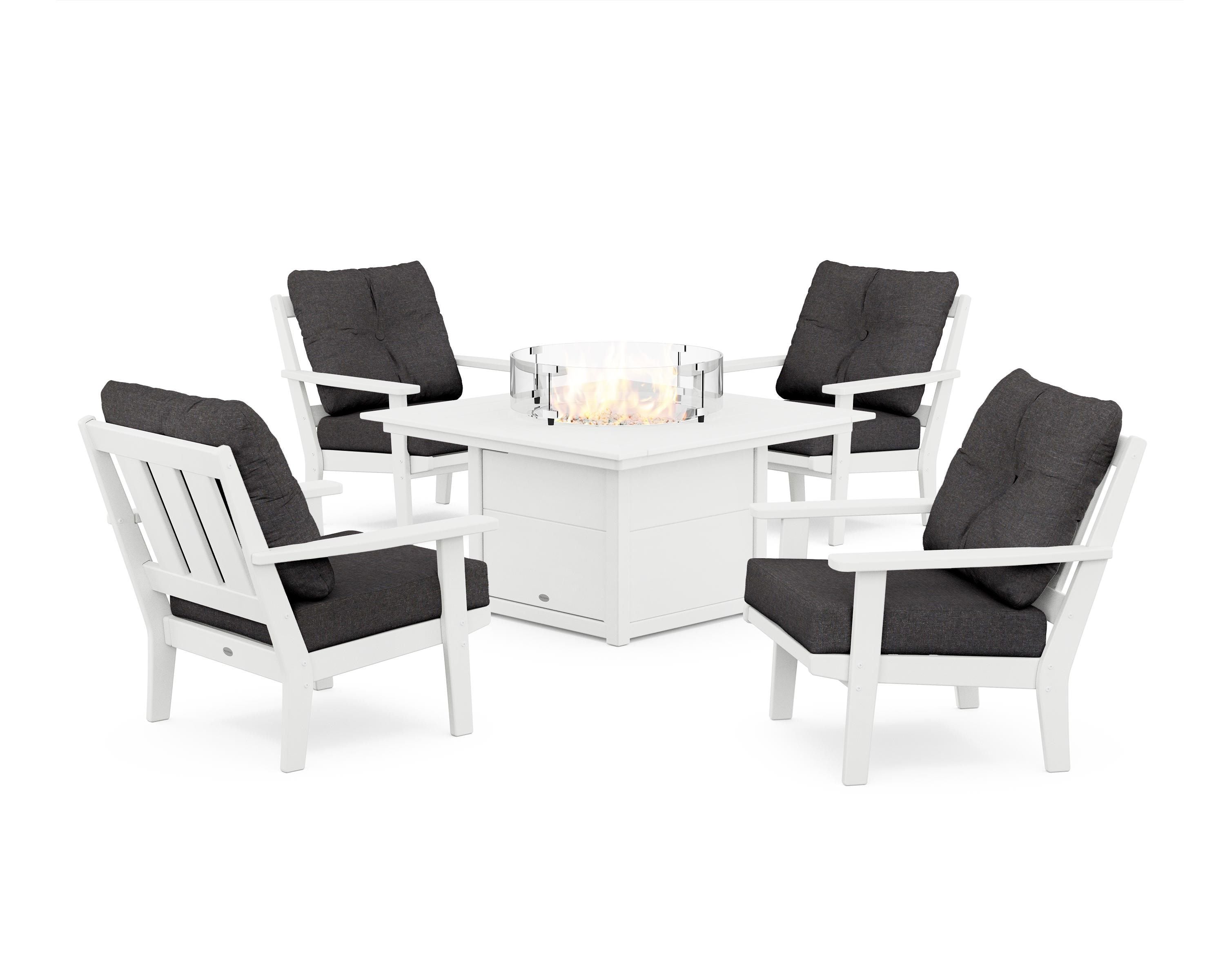 POLYWOOD Oxford 5-Piece Deep Seating Set with Fire Pit Table in White / Ash Charcoal