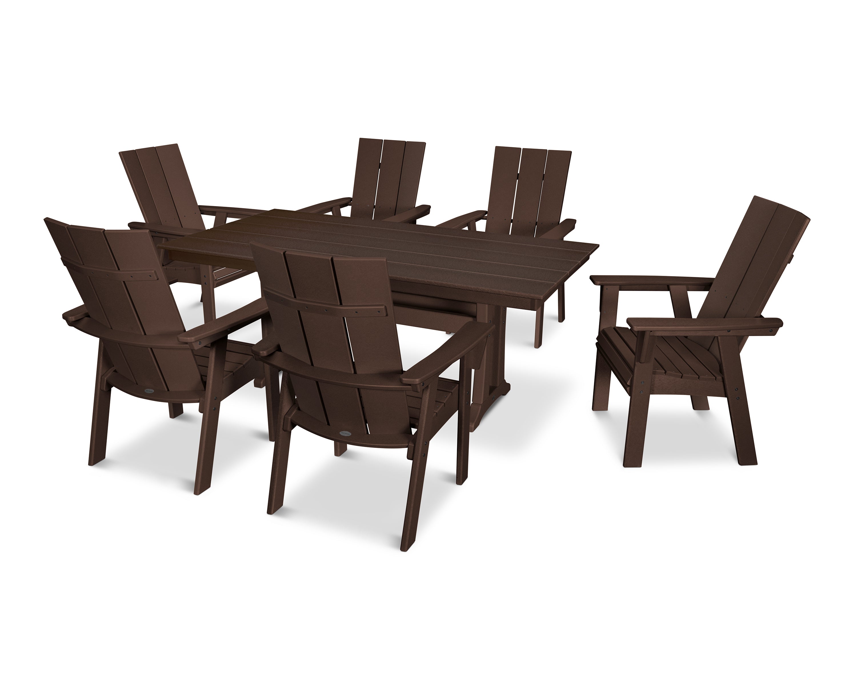 POLYWOOD® Modern Curveback Adirondack 7-Piece Farmhouse Dining Set with Trestle Legs in Mahogany