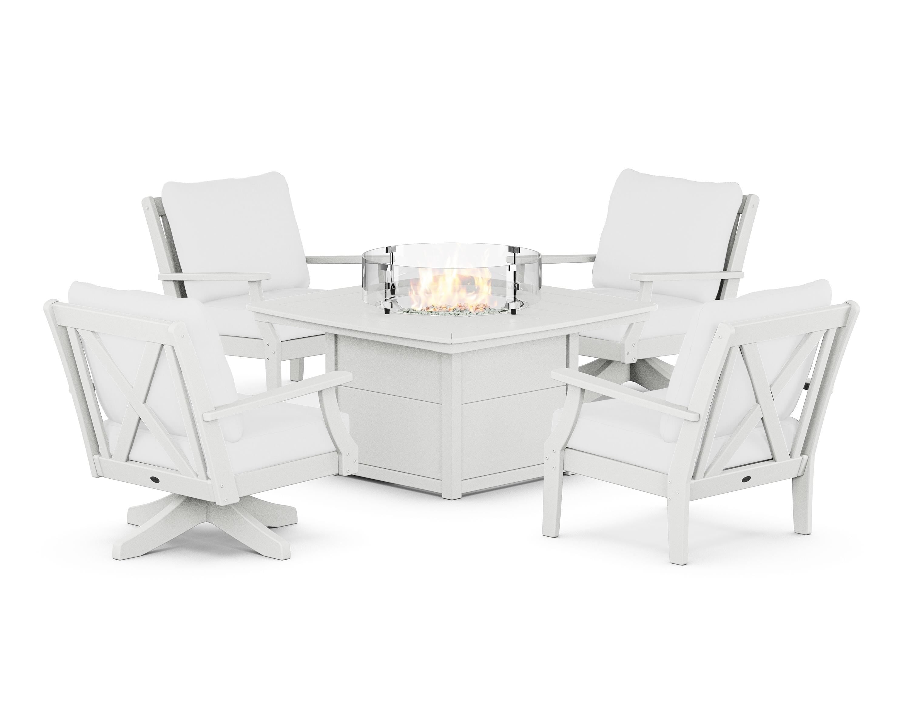 POLYWOOD Braxton 5-Piece Deep Seating Set with Fire Table in White / Natural