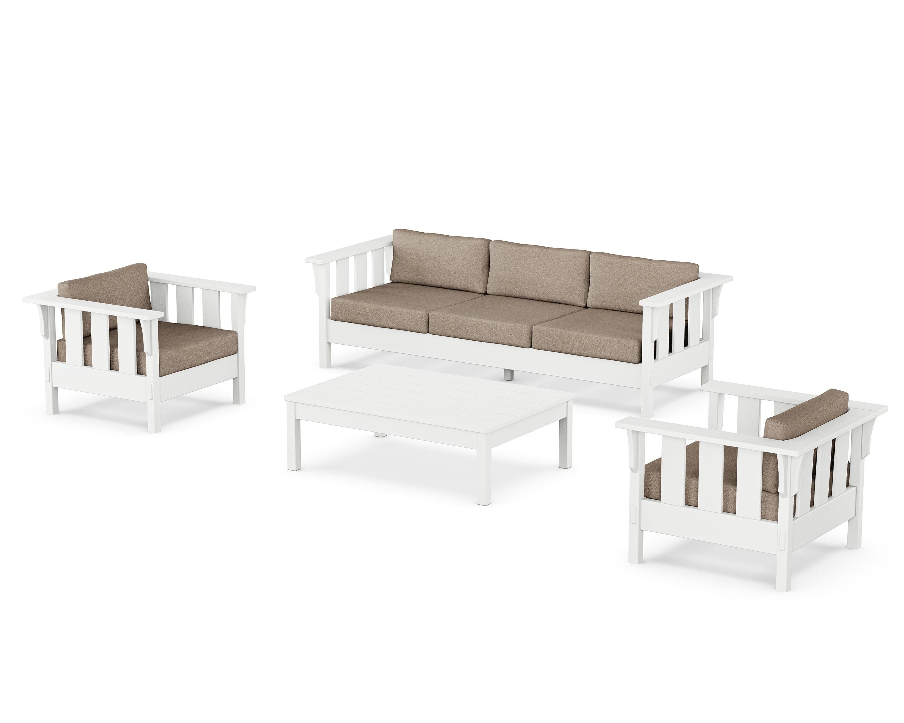 Martha Stewart by POLYWOOD Acadia 4-Piece Deep Seating Set with Sofa in White / Spiced Burlap