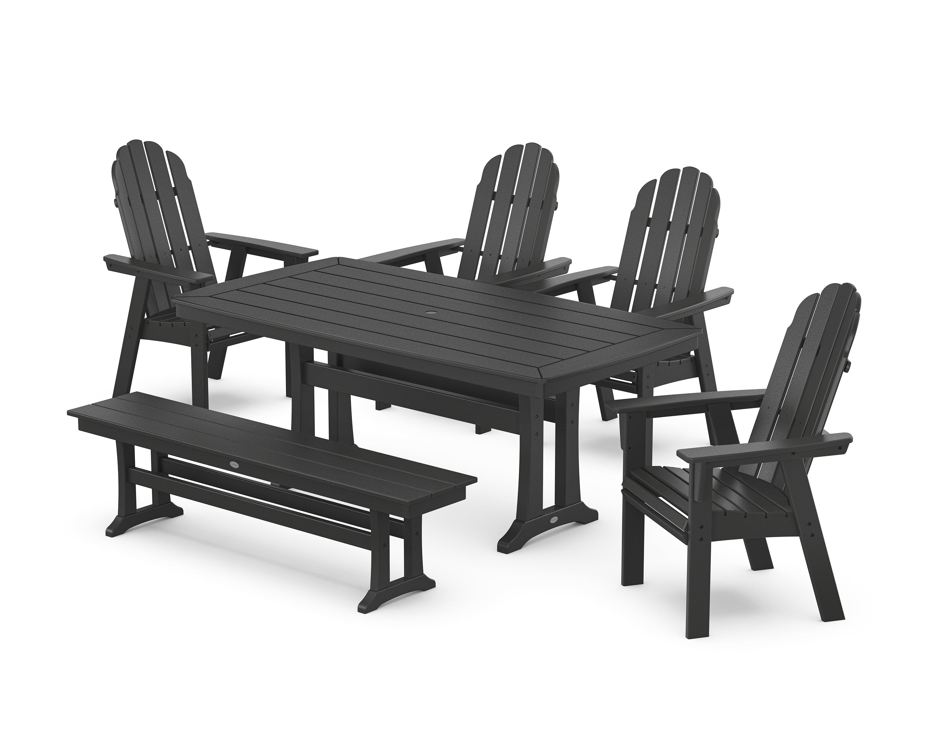 POLYWOOD Vineyard Curveback Adirondack Chair 6-Piece Dining Set with Trestle Legs and Bench in Black