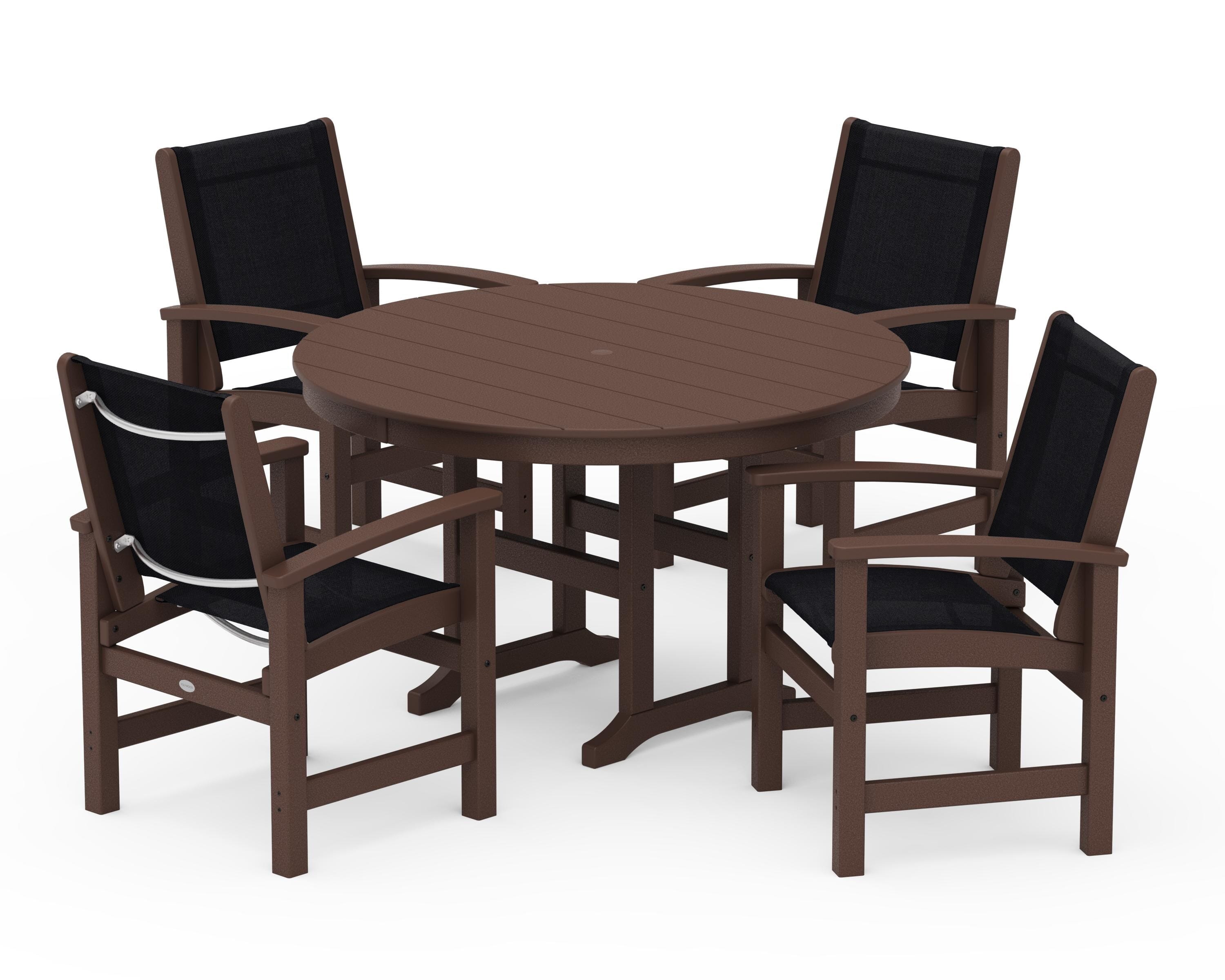 POLYWOOD Coastal 5-Piece Round Farmhouse Dining Set in Mahogany / Black Sling