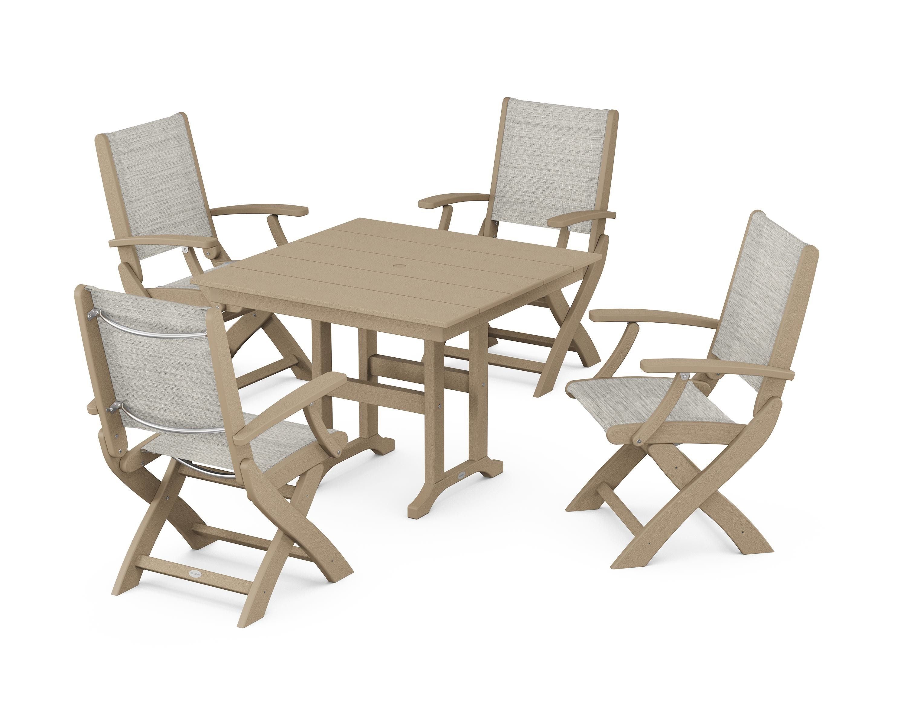 POLYWOOD Coastal Folding Chair 5-Piece Farmhouse Dining Set in Vintage Sahara / Birch Sling