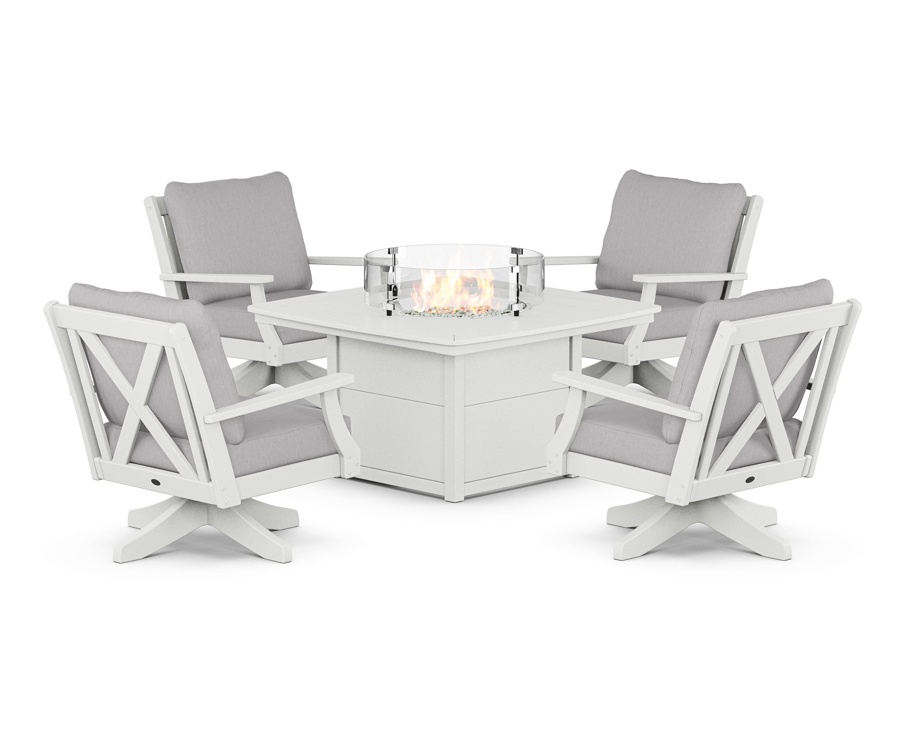 POLYWOOD Braxton 5-Piece Deep Seating Swivel Conversation Set with Fire Pit Table in White / Granite