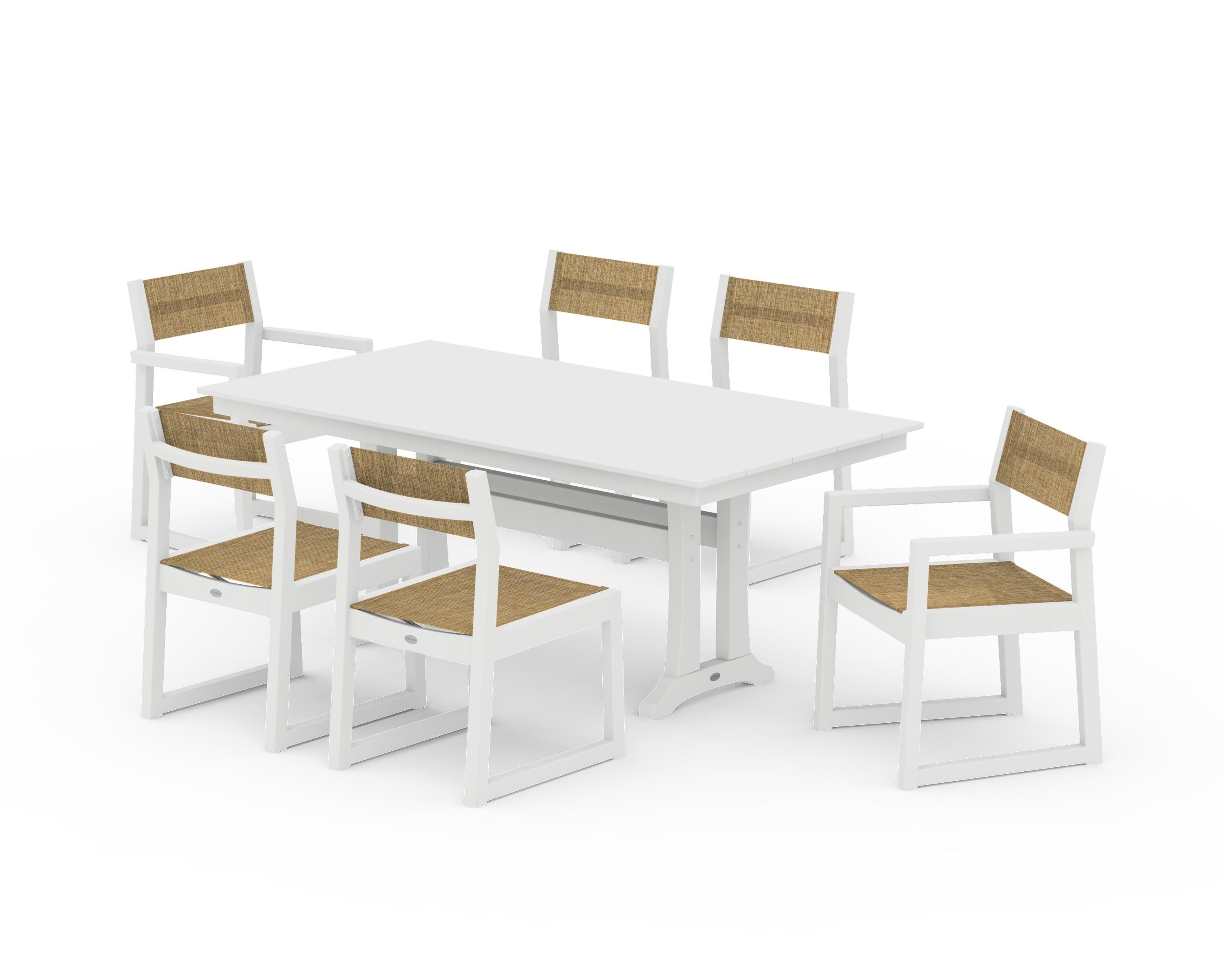 POLYWOOD EDGE Sling 7-Piece Farmhouse Trestle Dining Set in White / Burlap Sling