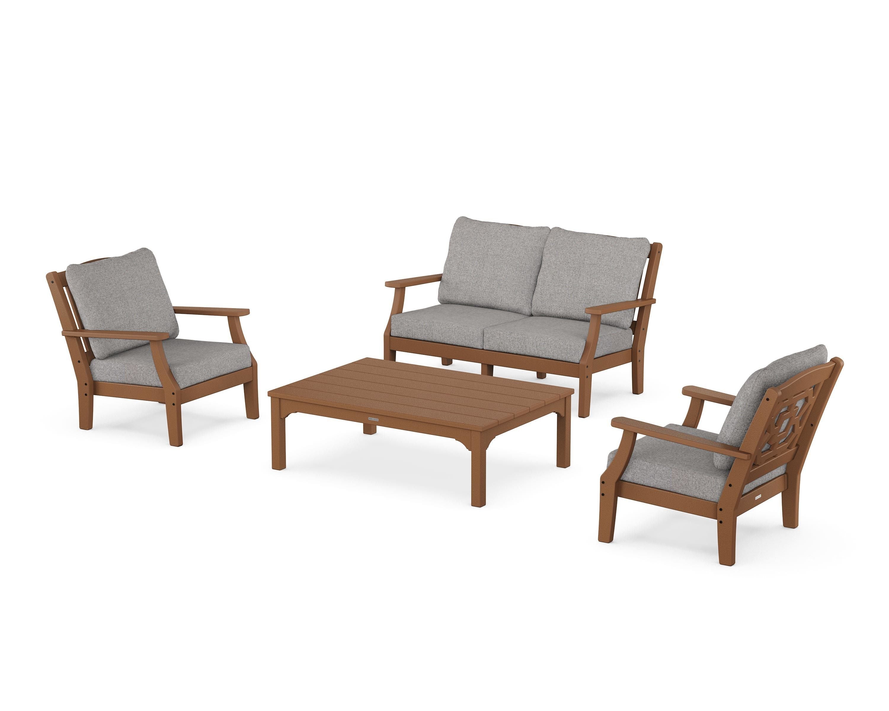 Martha Stewart by POLYWOOD Chinoiserie 4-Piece Deep Seating Set with Loveseat in Teak / Grey Mist