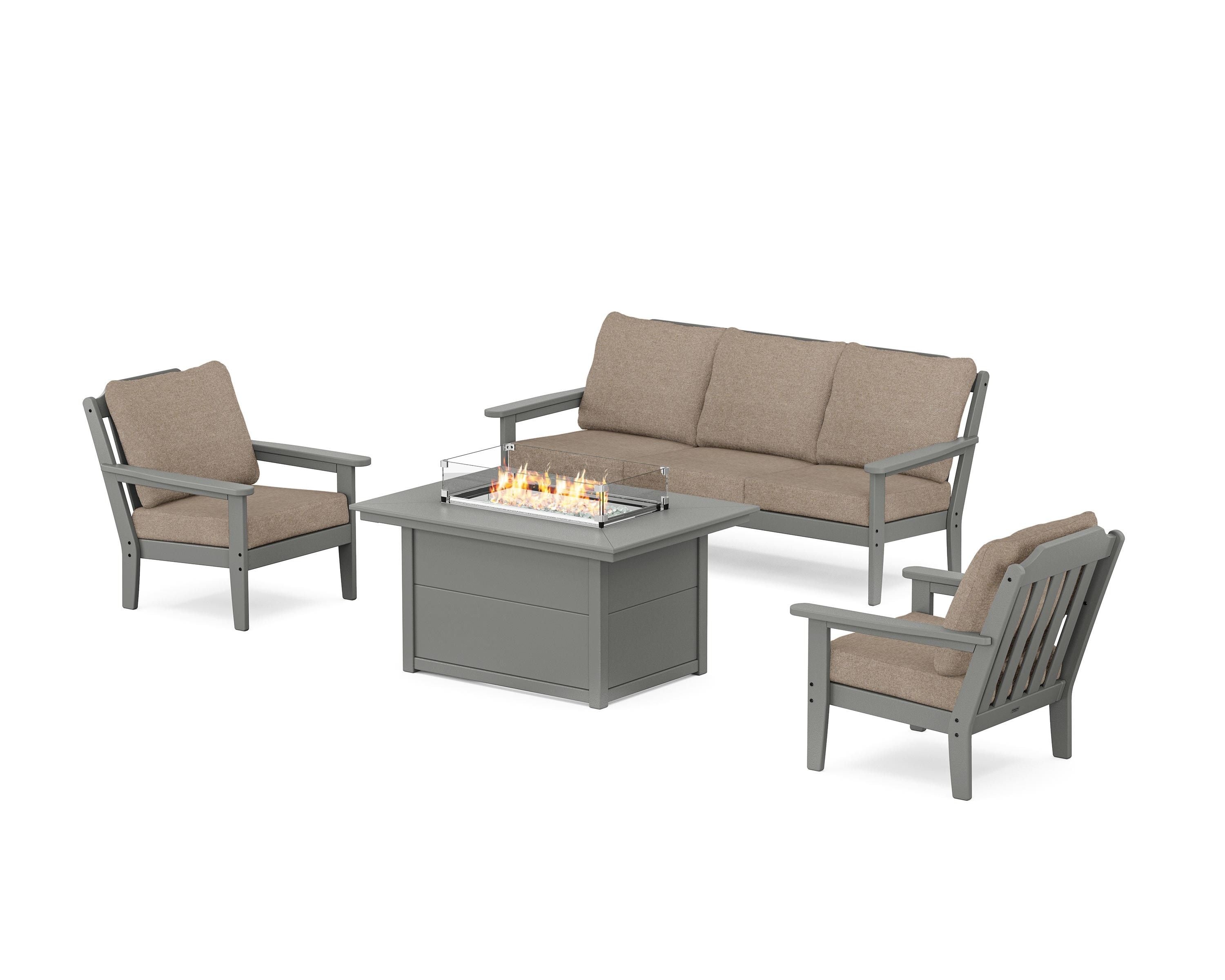 Country Living Cottage Deep Seating Fire Pit Table Set in Slate Grey / Spiced Burlap
