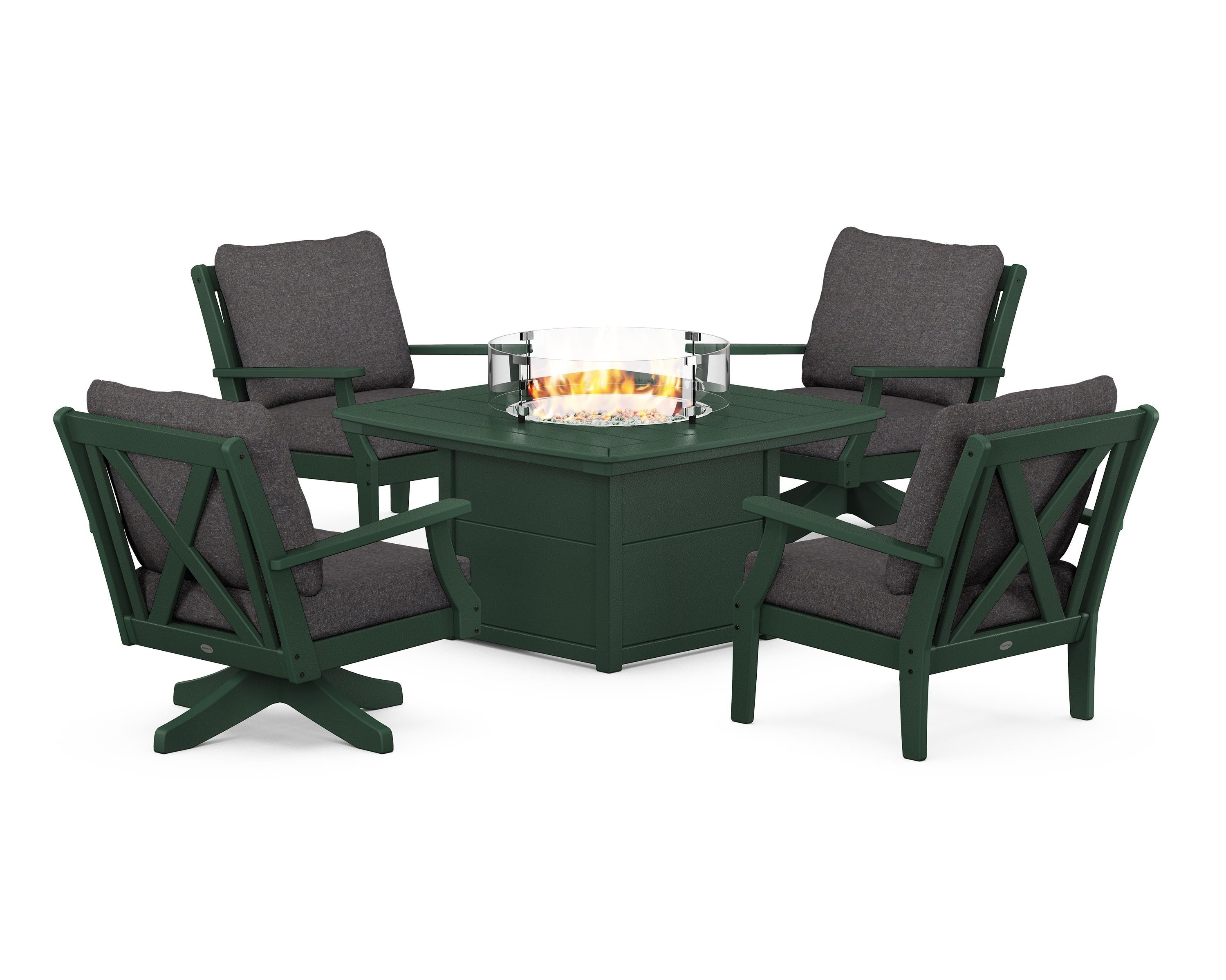 POLYWOOD Braxton 5-Piece Deep Seating Set with Fire Table in Green / Ash Charcoal