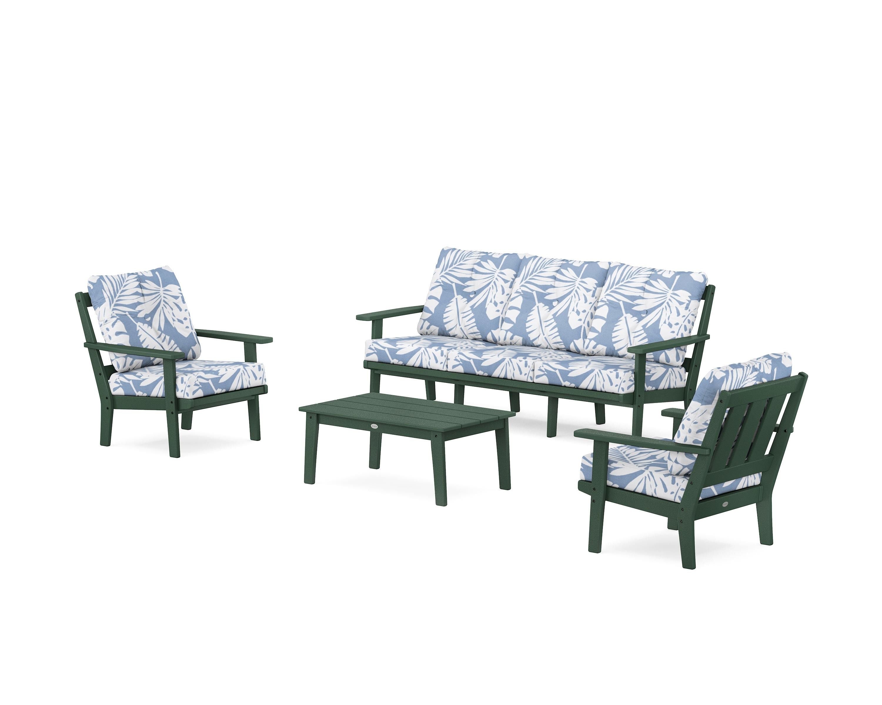 POLYWOOD Oxford 4-Piece Deep Seating Set with Sofa in Green / Leaf Sky Blue