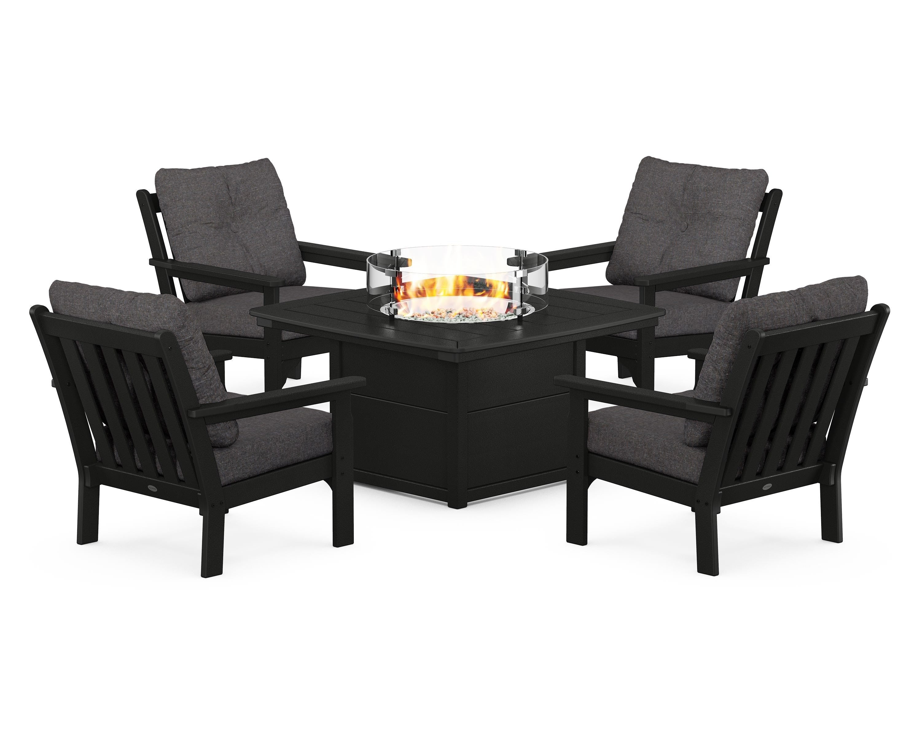 POLYWOOD Vineyard 5-Piece Conversation Set with Fire Pit Table in Black / Ash Charcoal