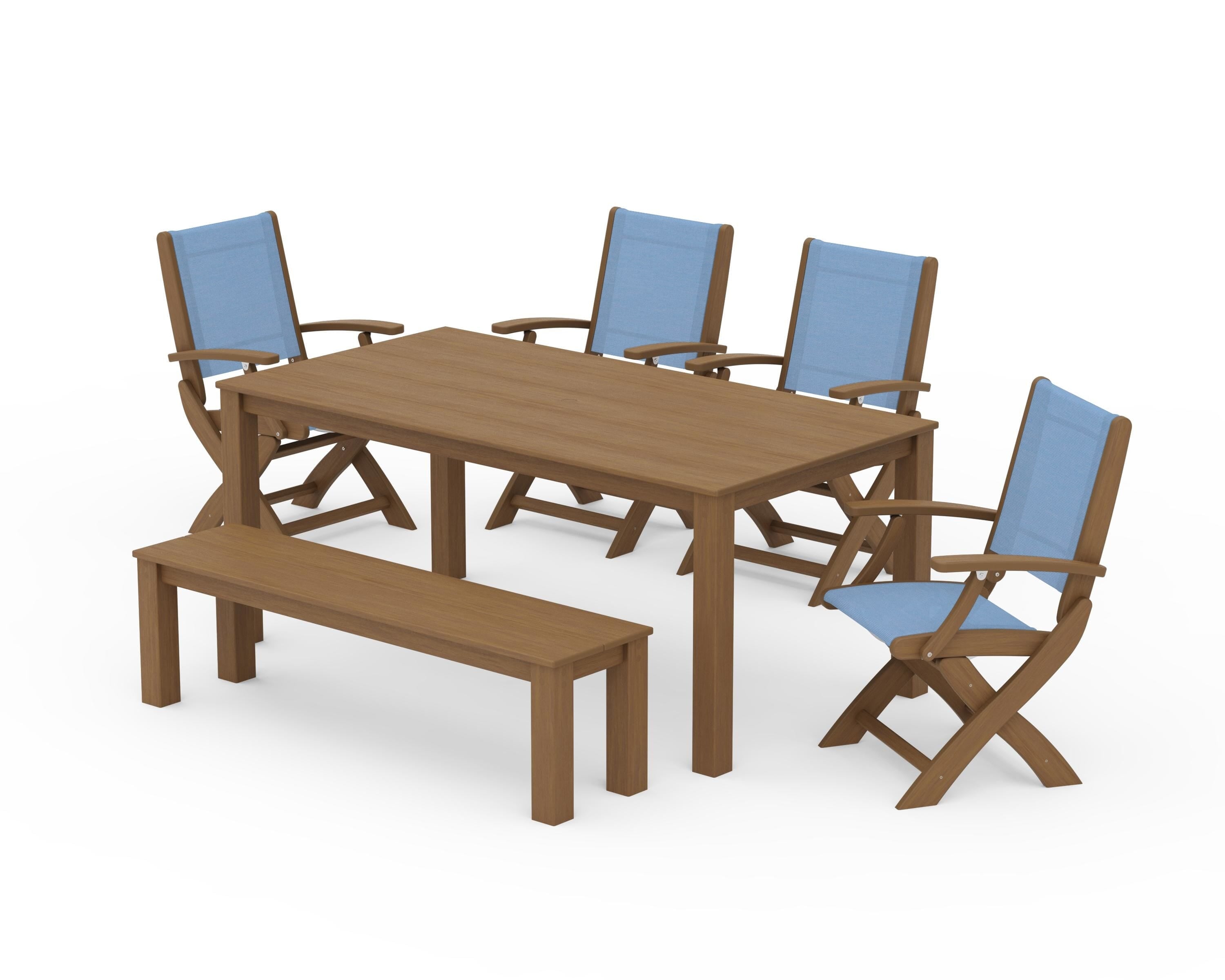 POLYWOOD Coastal Folding Chair 6-Piece Parsons Dining Set with Bench in Natural / Poolside Sling