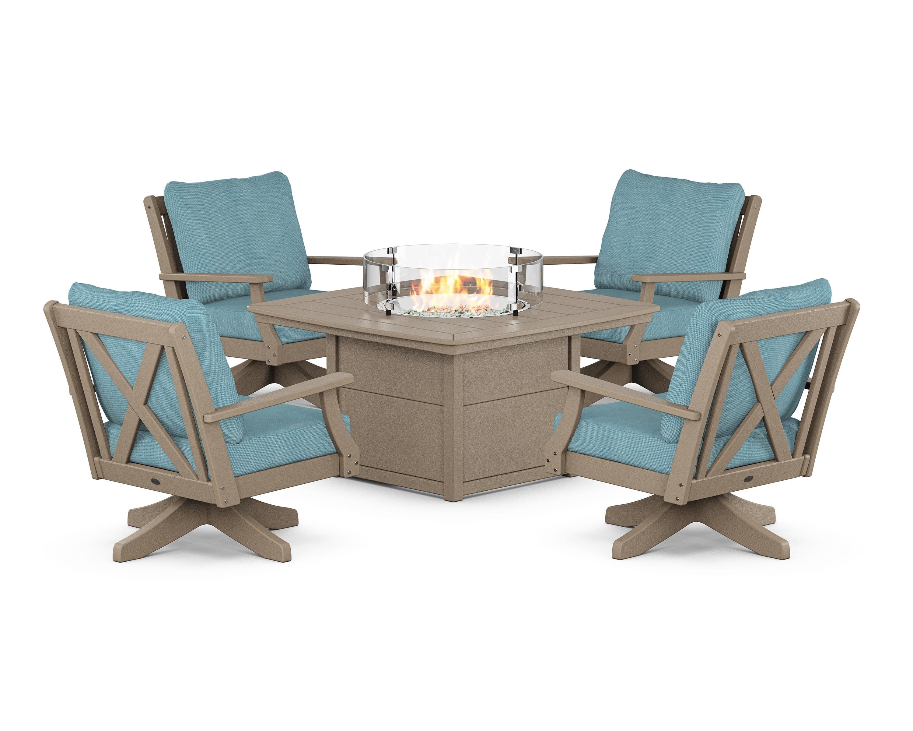 POLYWOOD Braxton 5-Piece Deep Seating Swivel Conversation Set with Fire Pit Table in Vintage Sahara / Lattice Sky Blue