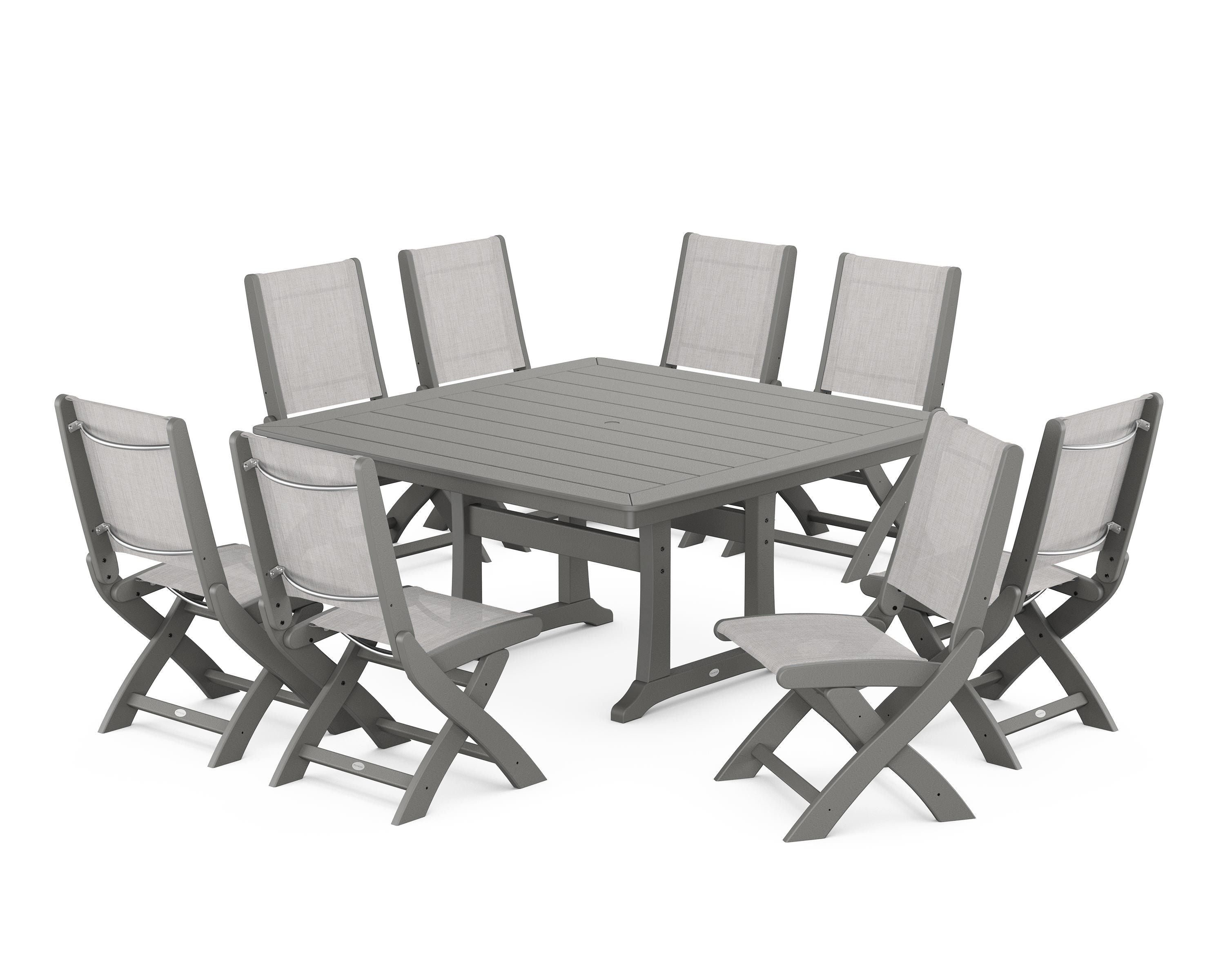 POLYWOOD Coastal Folding Side Chair 9-Piece Dining Set with Trestle Legs in Slate Grey / Parchment Sling