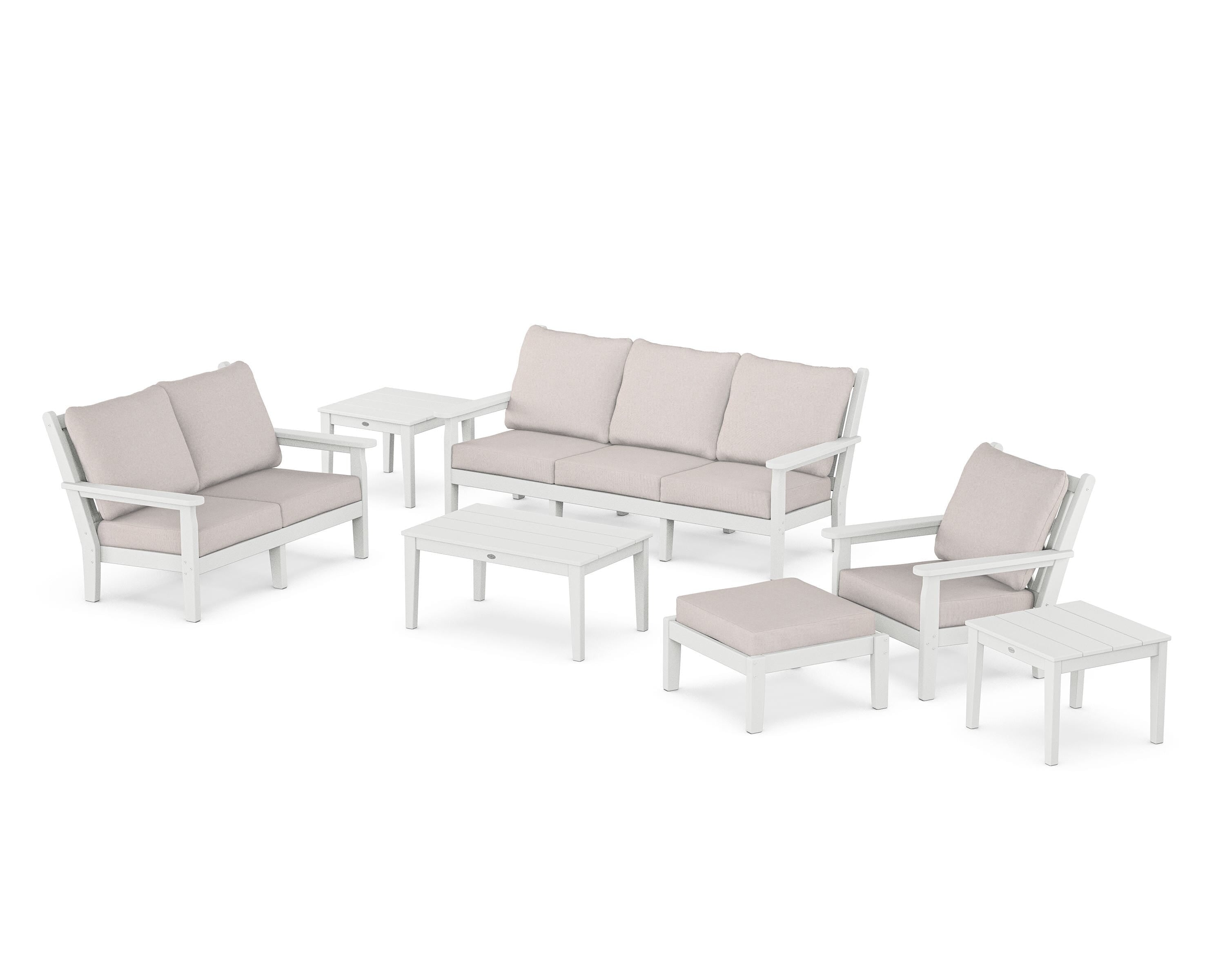 POLYWOOD Chippendale 7-Piece Deep Seating Set in White / Dune Burlap