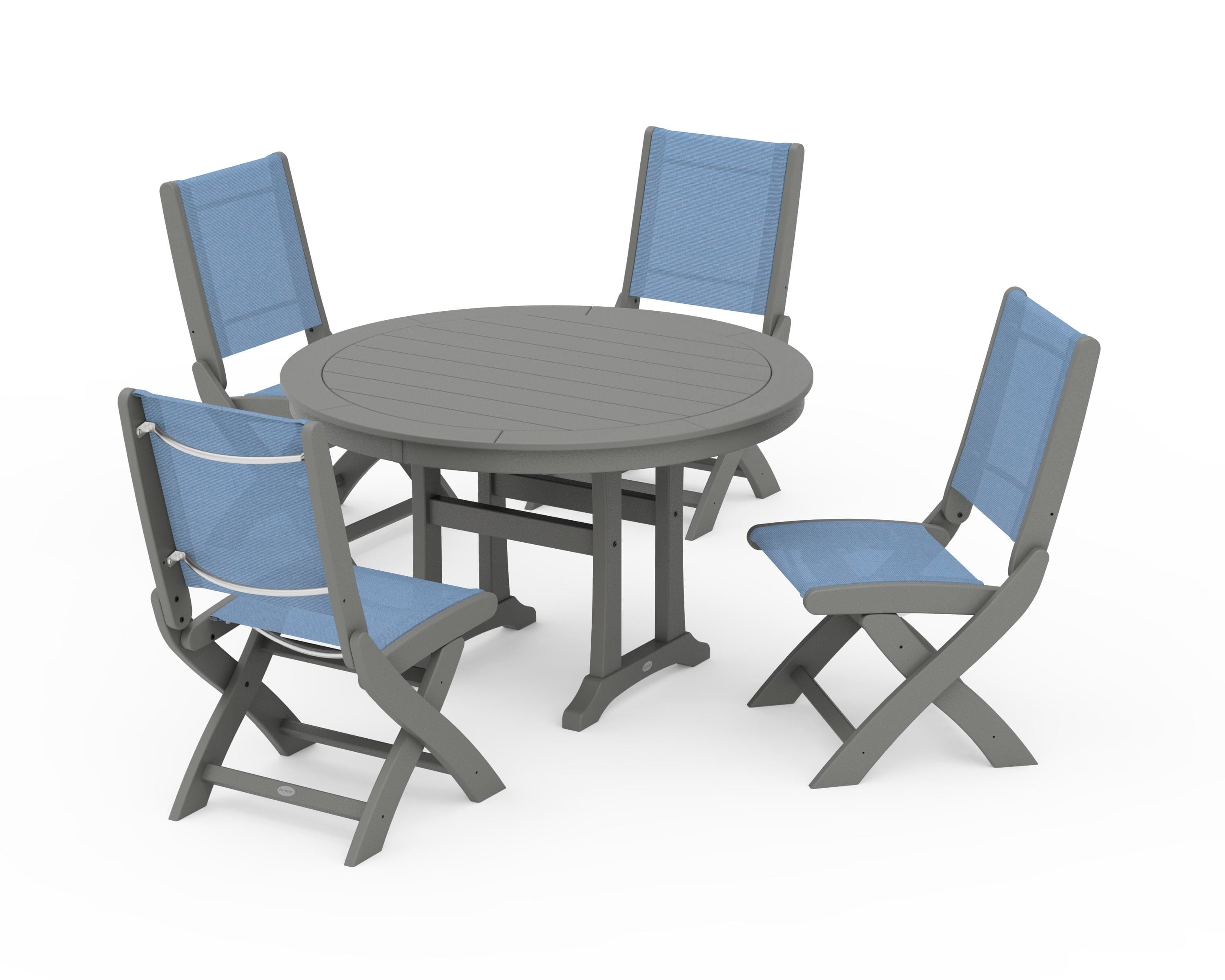 POLYWOOD Coastal Folding Side Chair 5-Piece Round Dining Set With Trestle Legs in Slate Grey / Poolside Sling